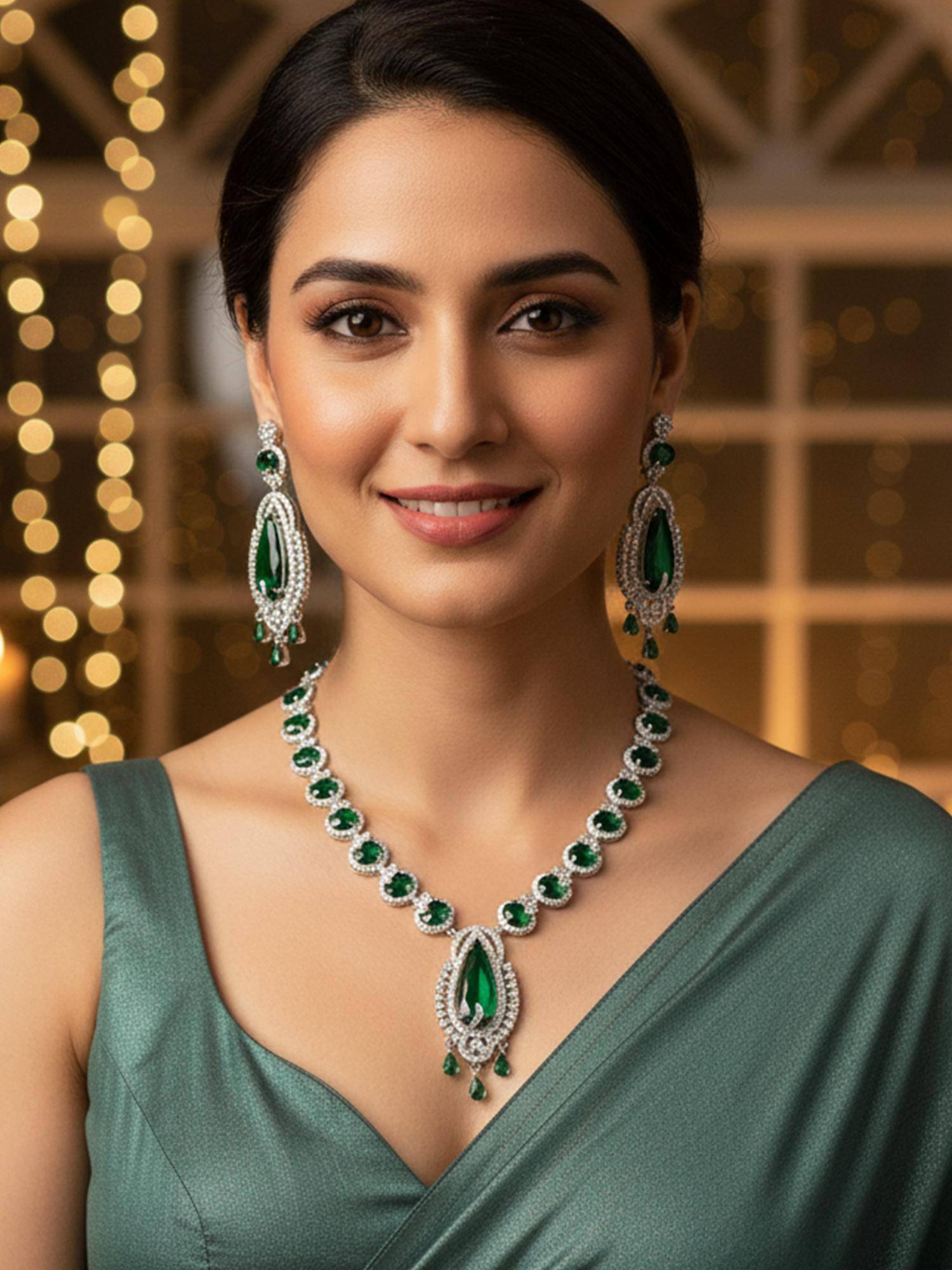 Karatcart Designer Green Teardrop American Diamond Classic Necklace With Earrings