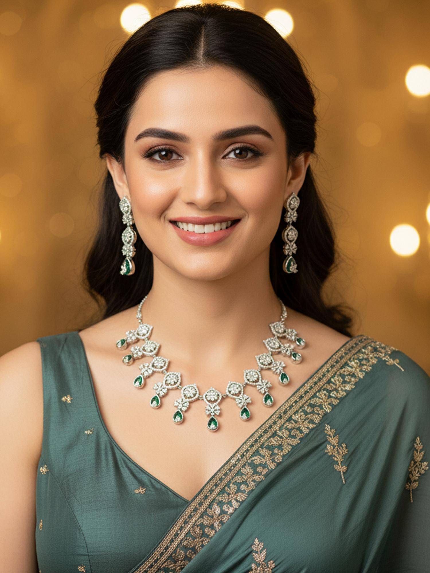 Karatcart Traditional Green American Diamond Studded Floral Silver-Tone Necklace With Earrings