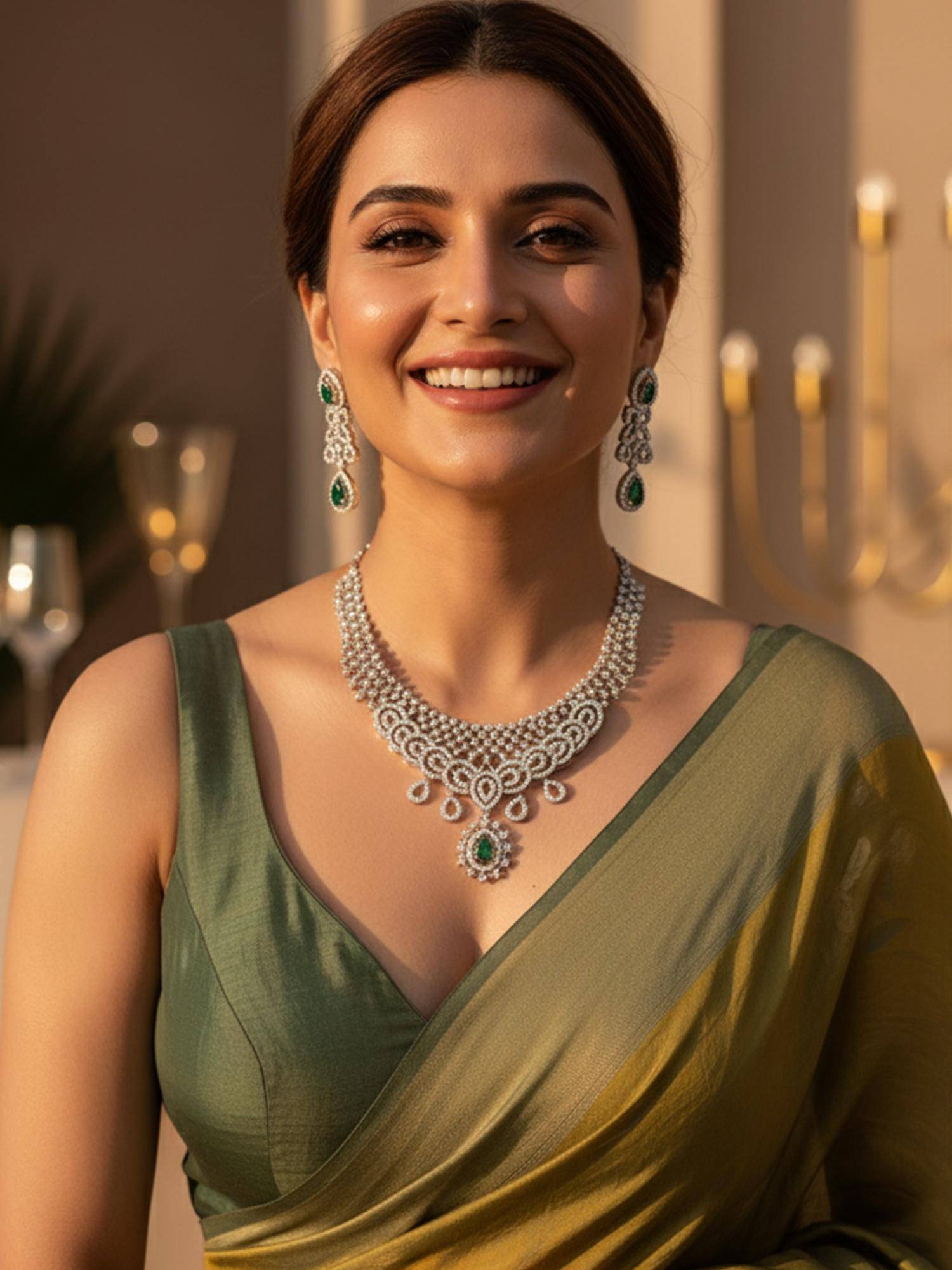 Karatcart Stylish Green Teardrop American Diamond Silver-Tone Necklace With Earrings