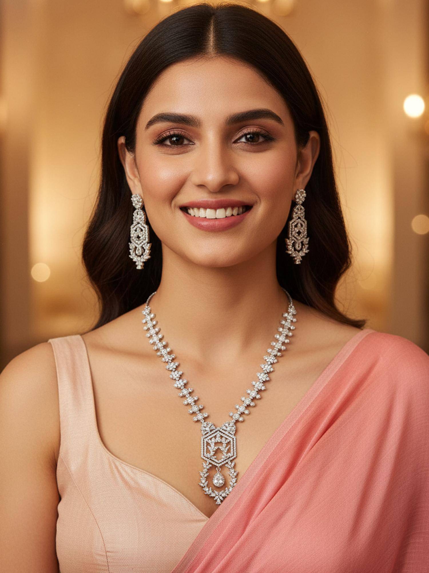 Karatcart Elegant White American Diamond Silver-Plated Necklace With Earrings
