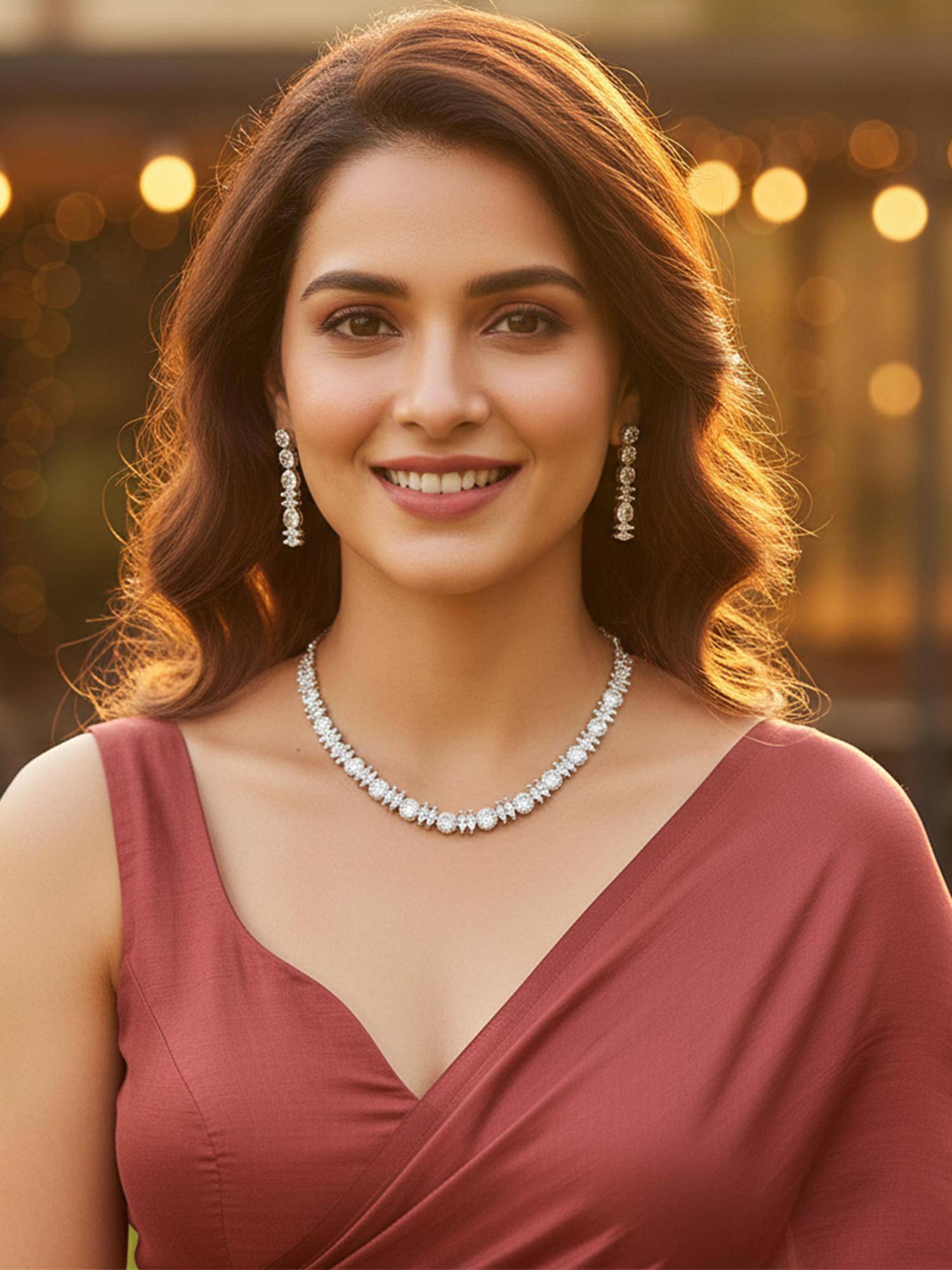 Karatcart Sparkling American Diamond Lightweight Silver-Tone Necklace With Earrings