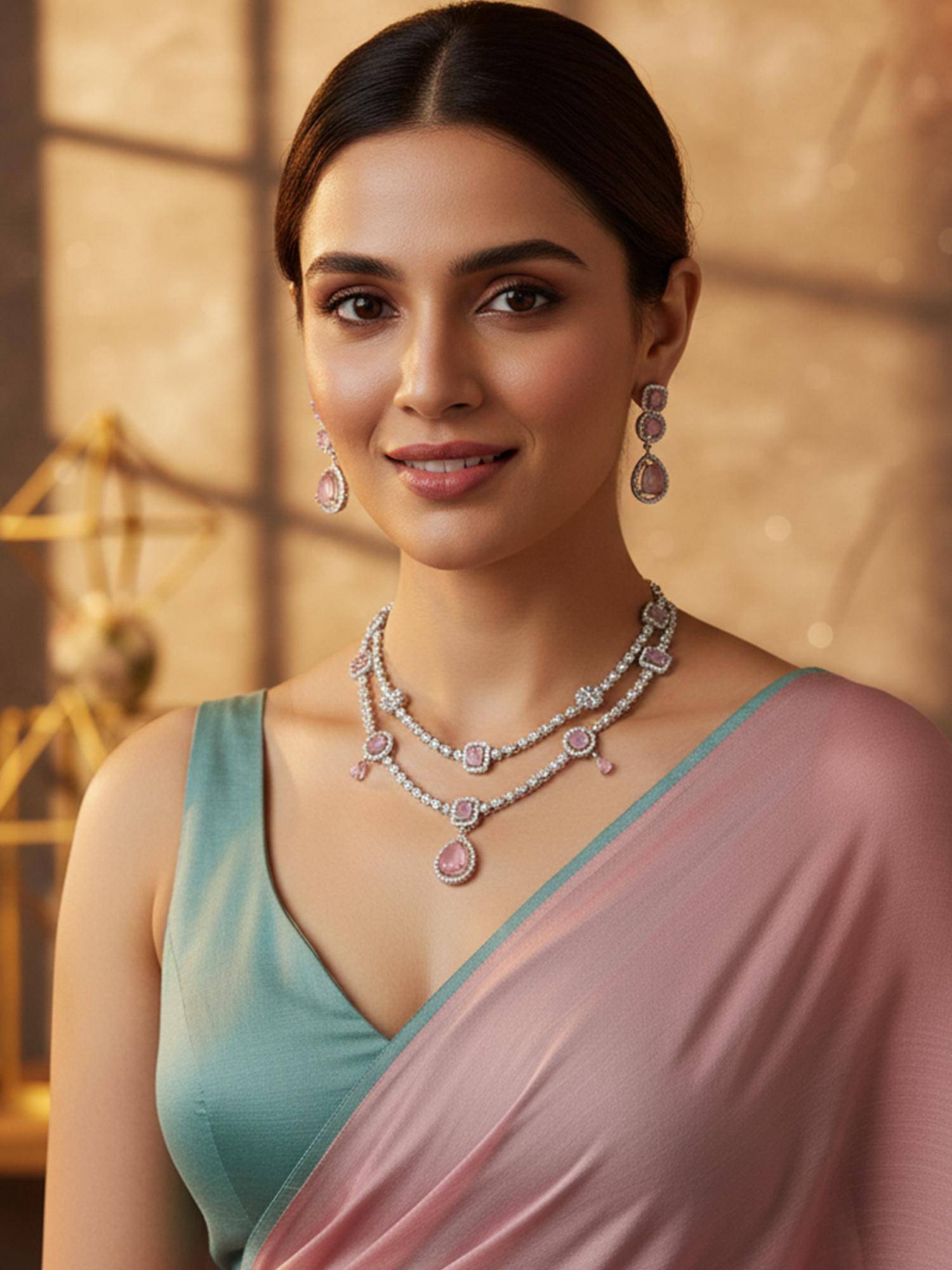 Karatcart Sparkling Pink American Diamond Dual-Layer Silver-Plated Necklace With Earrings