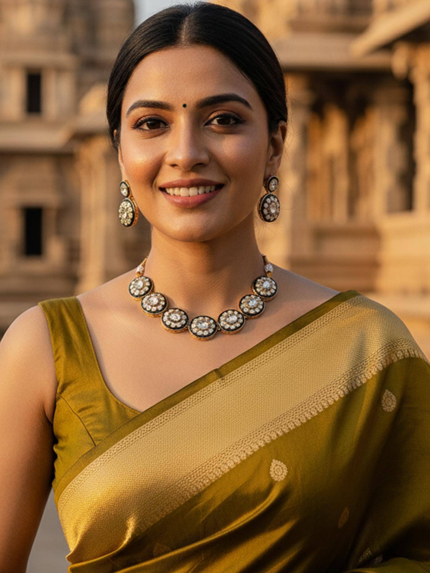 Karatcart Dazzling Green Meena Floral Kundan Gold-Plated Handcrafted Necklace With Earrings