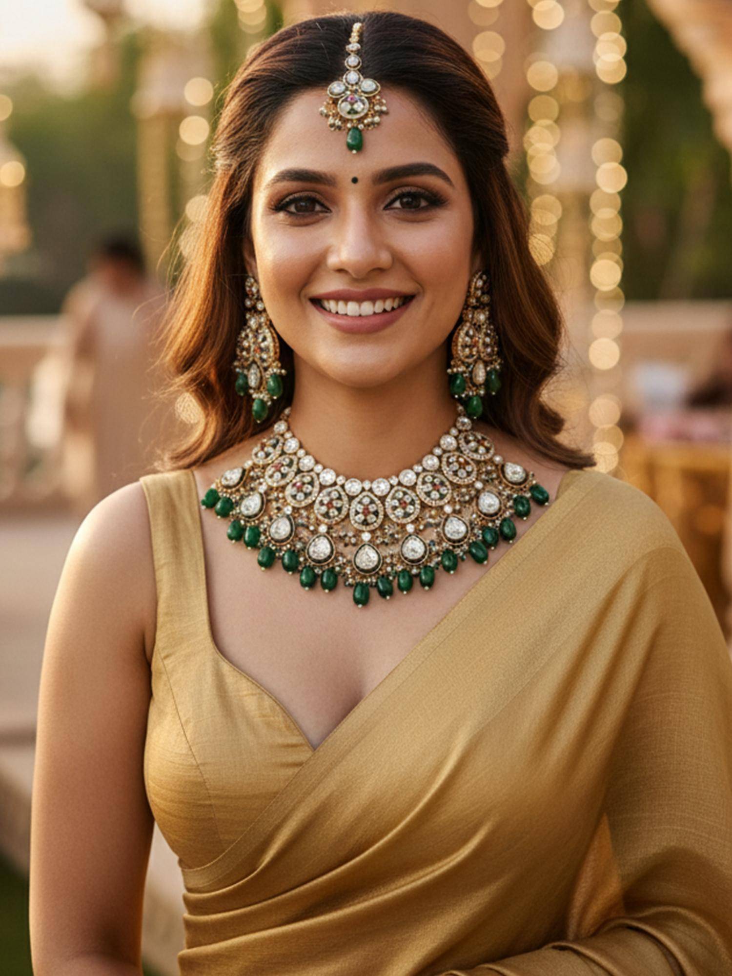Karatcart Stunning Gold-Plated Kundan Bridal Necklace With Earrings & Maangtika