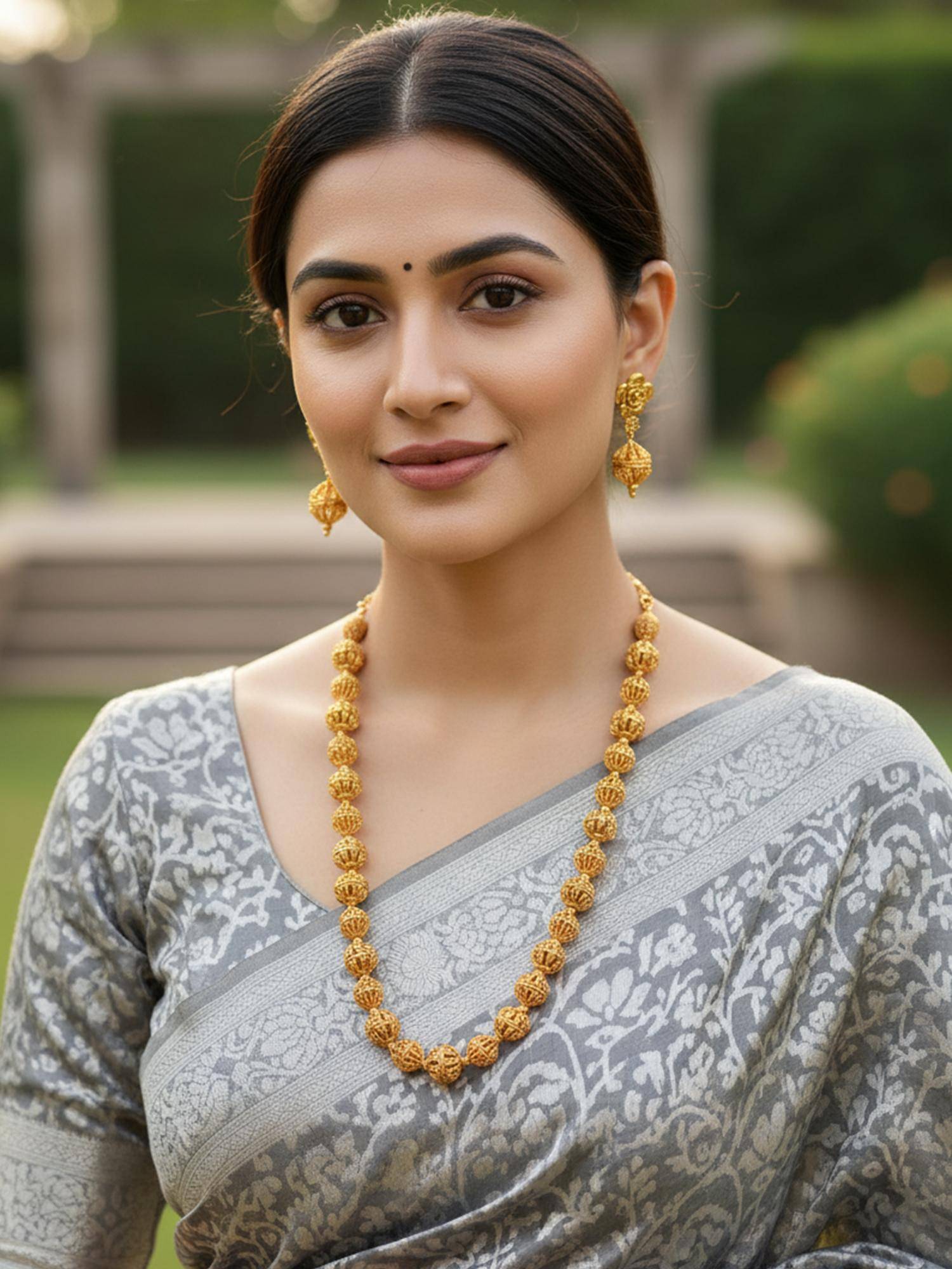 Karatcart Classic Temple-Inspired Gold-Plated Filigree Beaded Necklace With Earrings