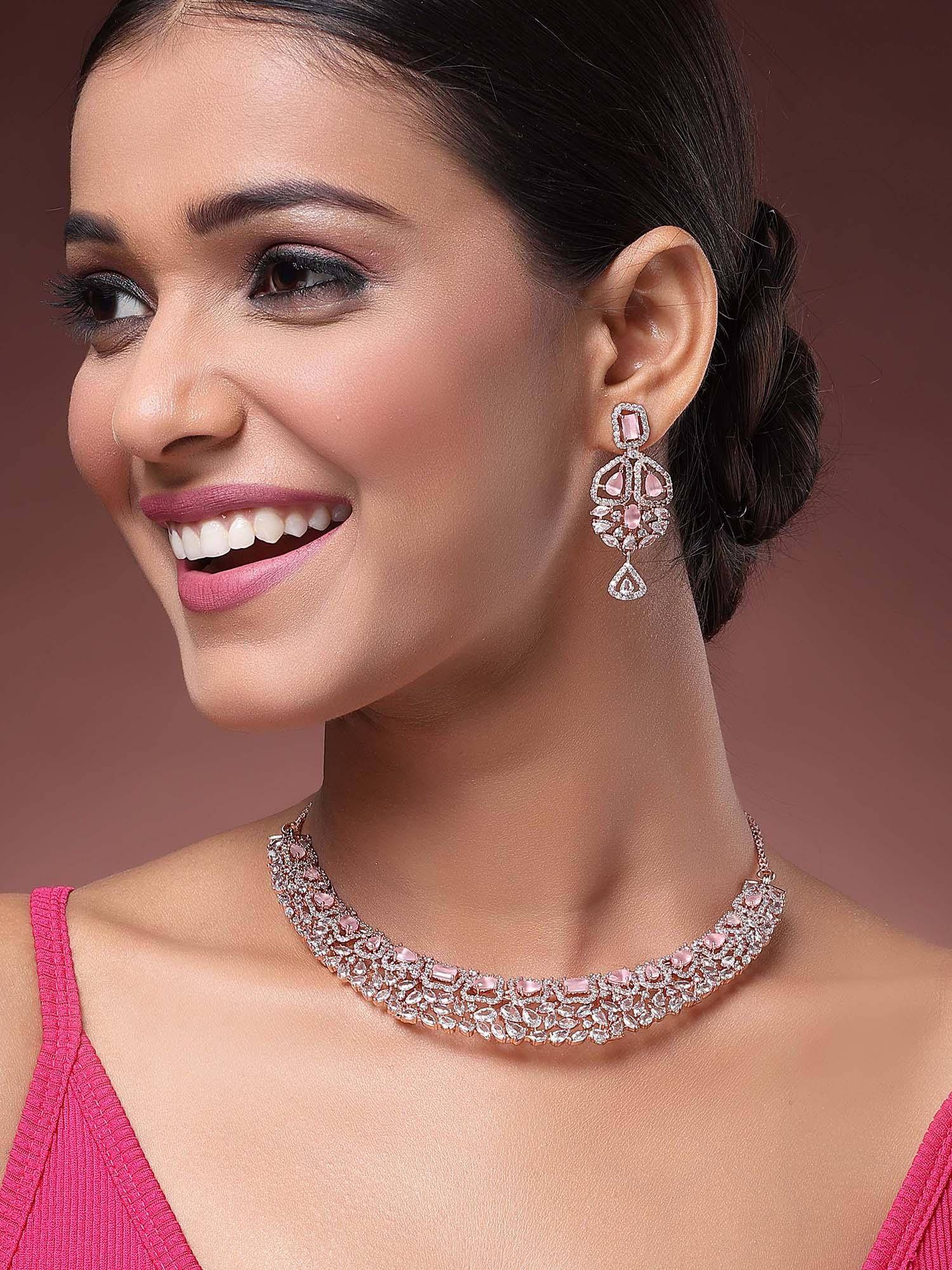 Karatcart Luxurious Rose Gold Plated Pink Cubic Zirconia Choker Necklace With Earrings