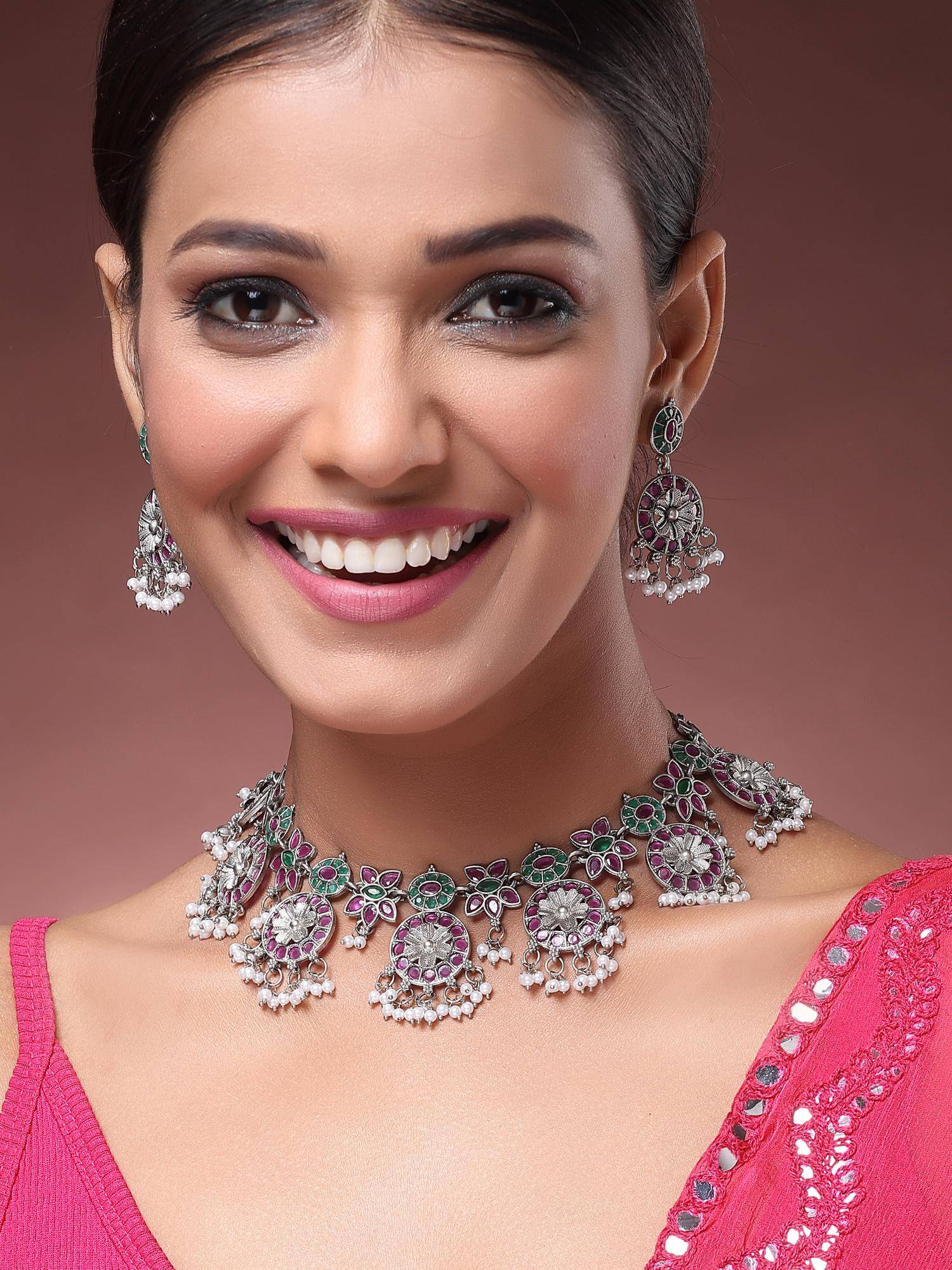 Karatcart Red and Green Stone Oxidised Silver Floral Necklace With Earrings