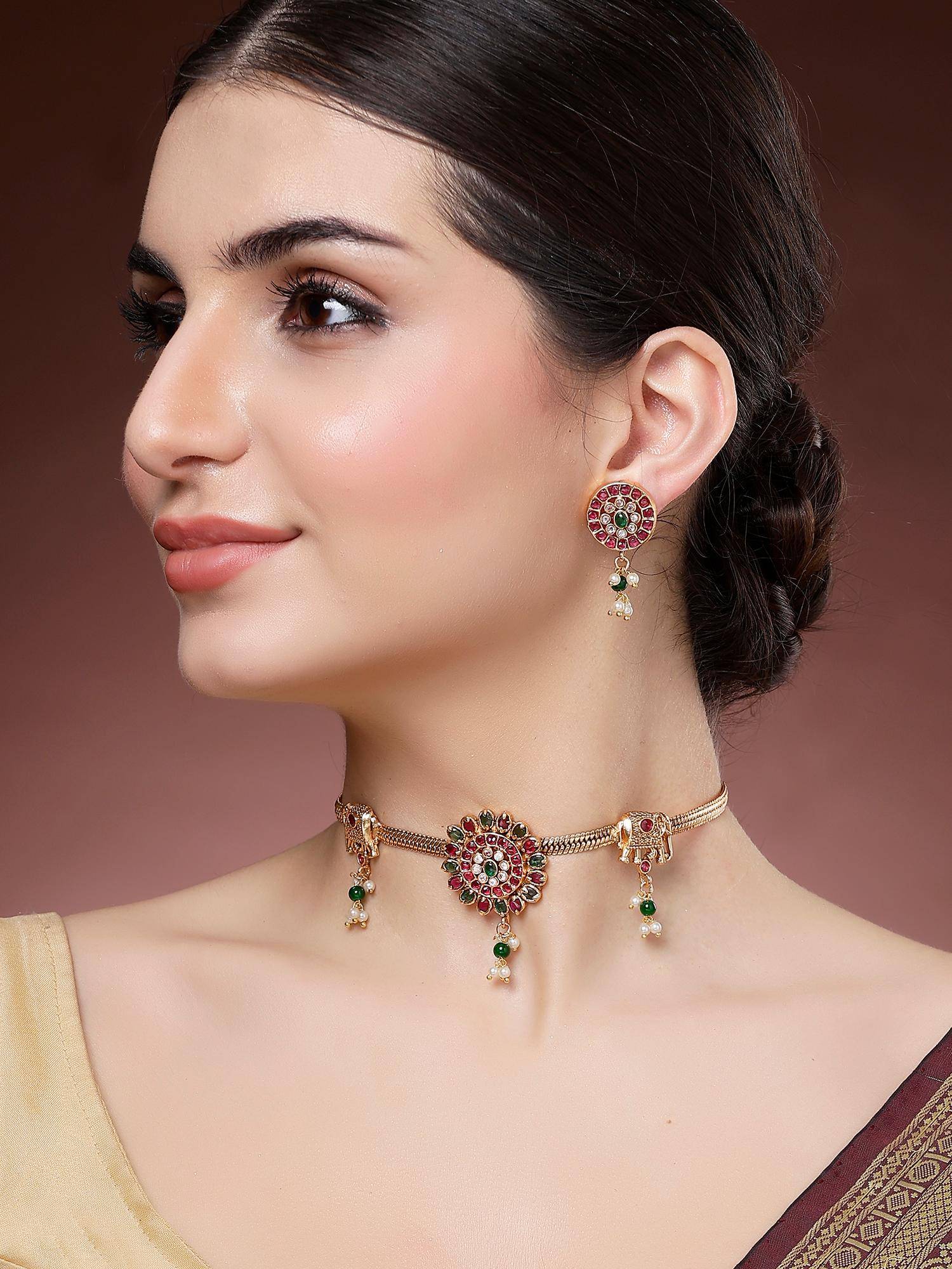 Karatcart Elegant Gold Plated Red and Green Floral Design Choker Necklace With Earrings