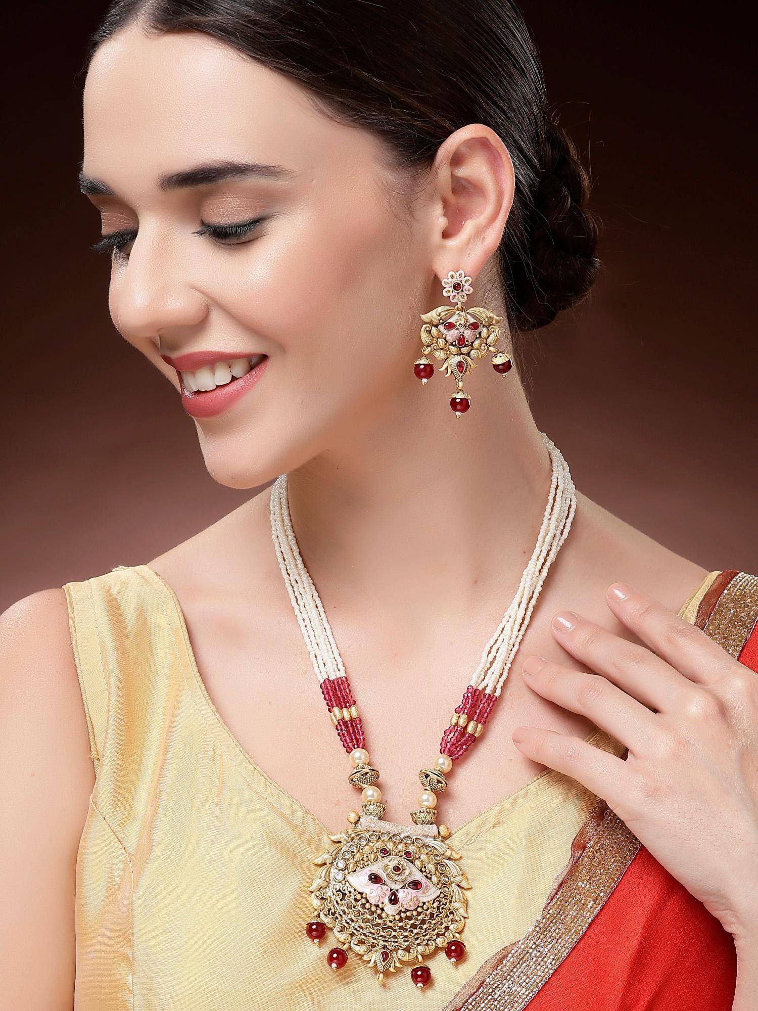 Karatcart Gold Plated Red Beads Studded Kundan Rani Haar Necklace With Earrings