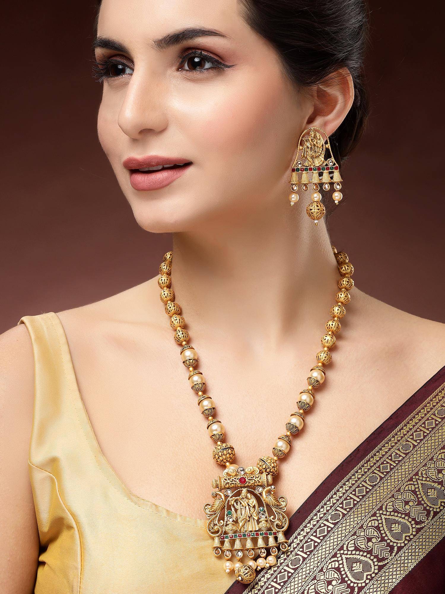 Karatcart Elegant Gold-Plated Radha Krishna Rani Haar Necklace With Earrings