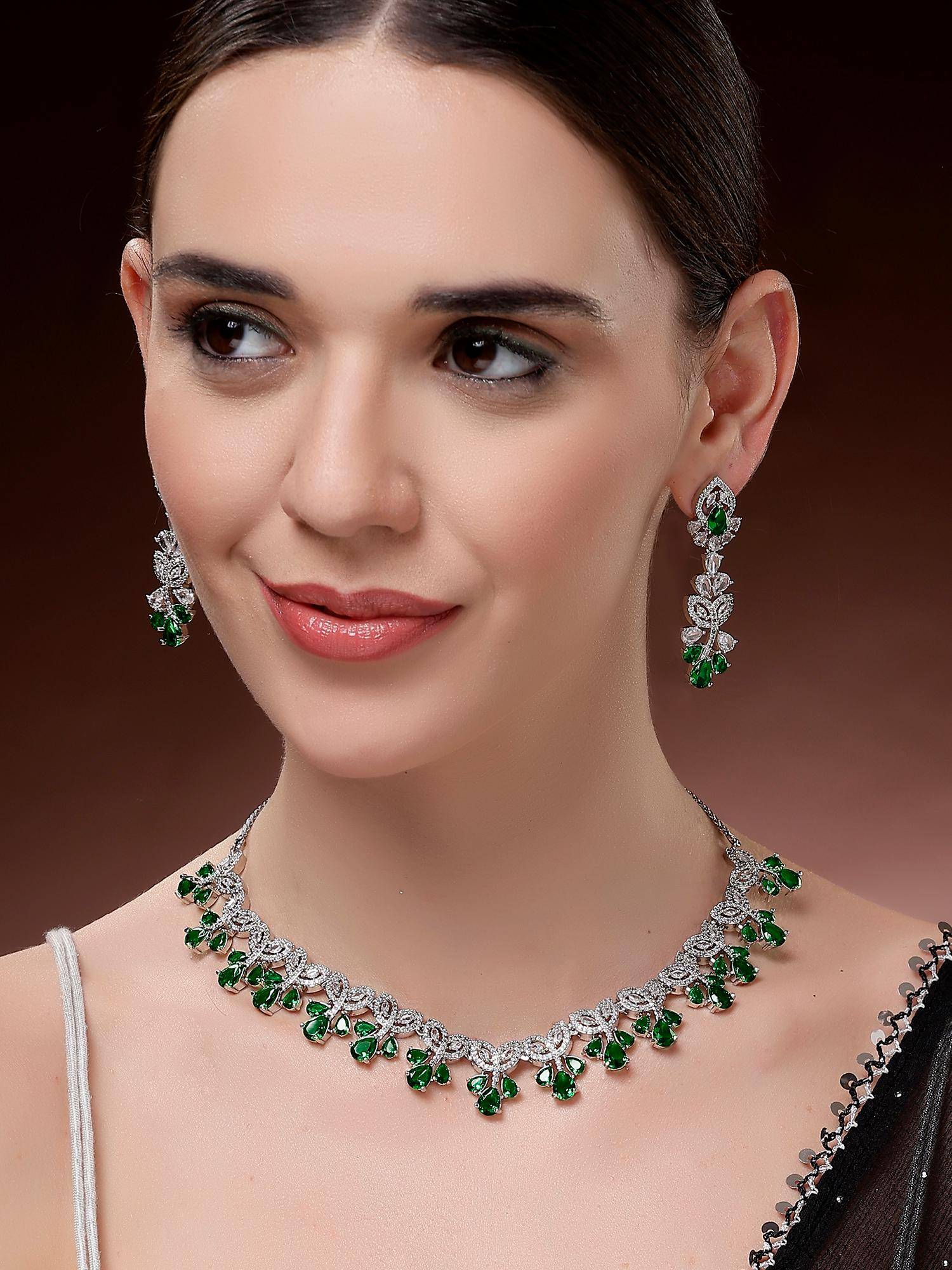 Karatcart Sparkling Green Floral American Diamond Silver Plated Necklace With Earrings