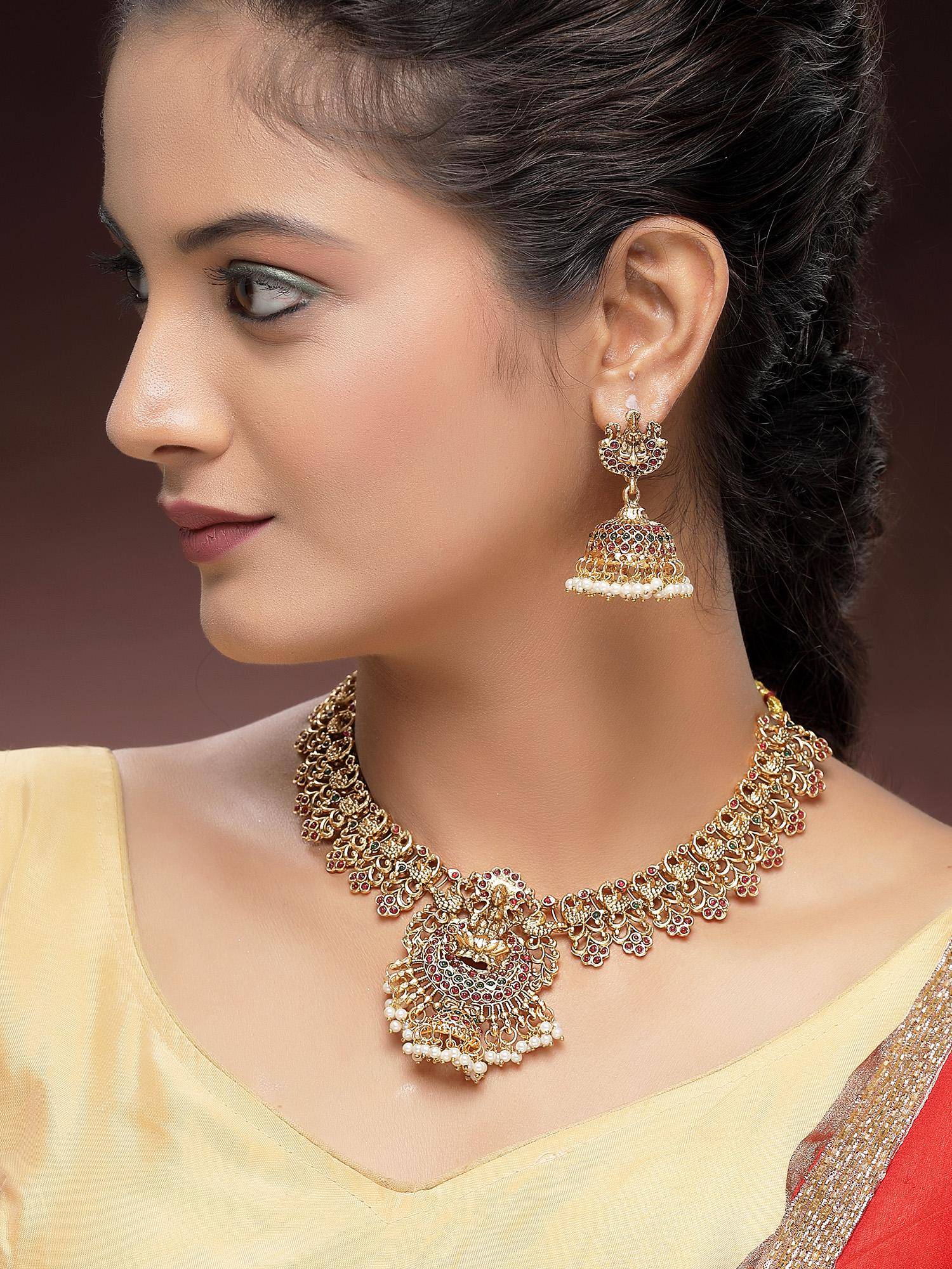 Karatcart Traditional Gold-Plated Laxmi Mata and Peacock Temple Necklace With Earrings
