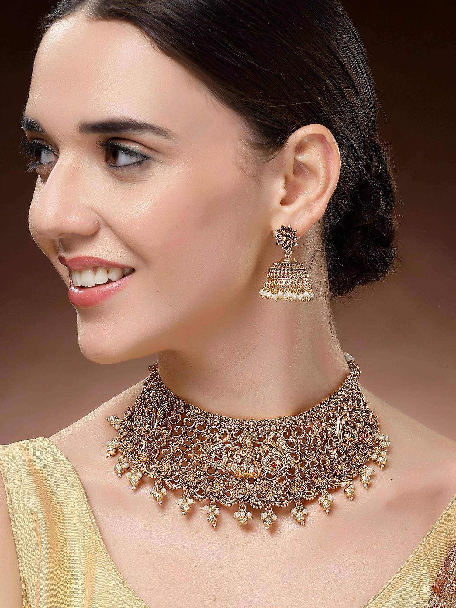 Karatcart Classic Laxmi Mata and Peacock Design Choker Temple Necklace With Earrings