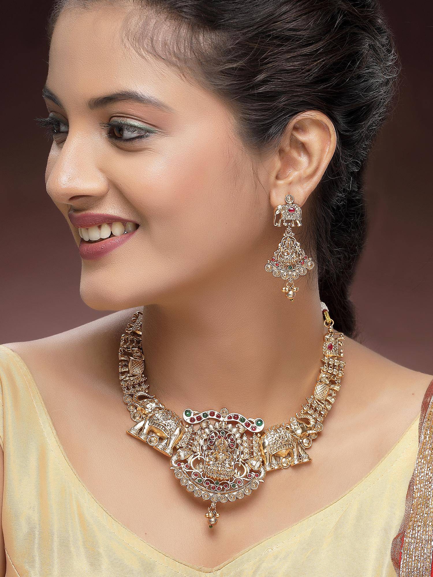 Karatcart Traditional Gold-Plated South Indian Laxmi Mata Motif Temple Necklace With Earrings