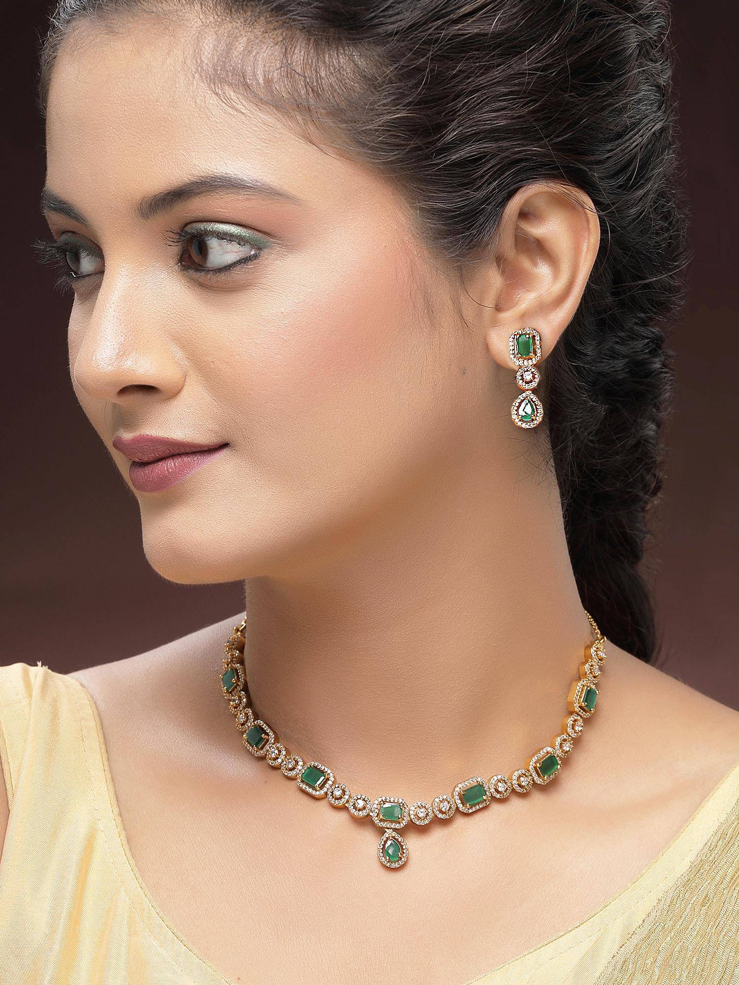 Karatcart Designer Gold-Plated Red American Diamond Necklace With Earrings