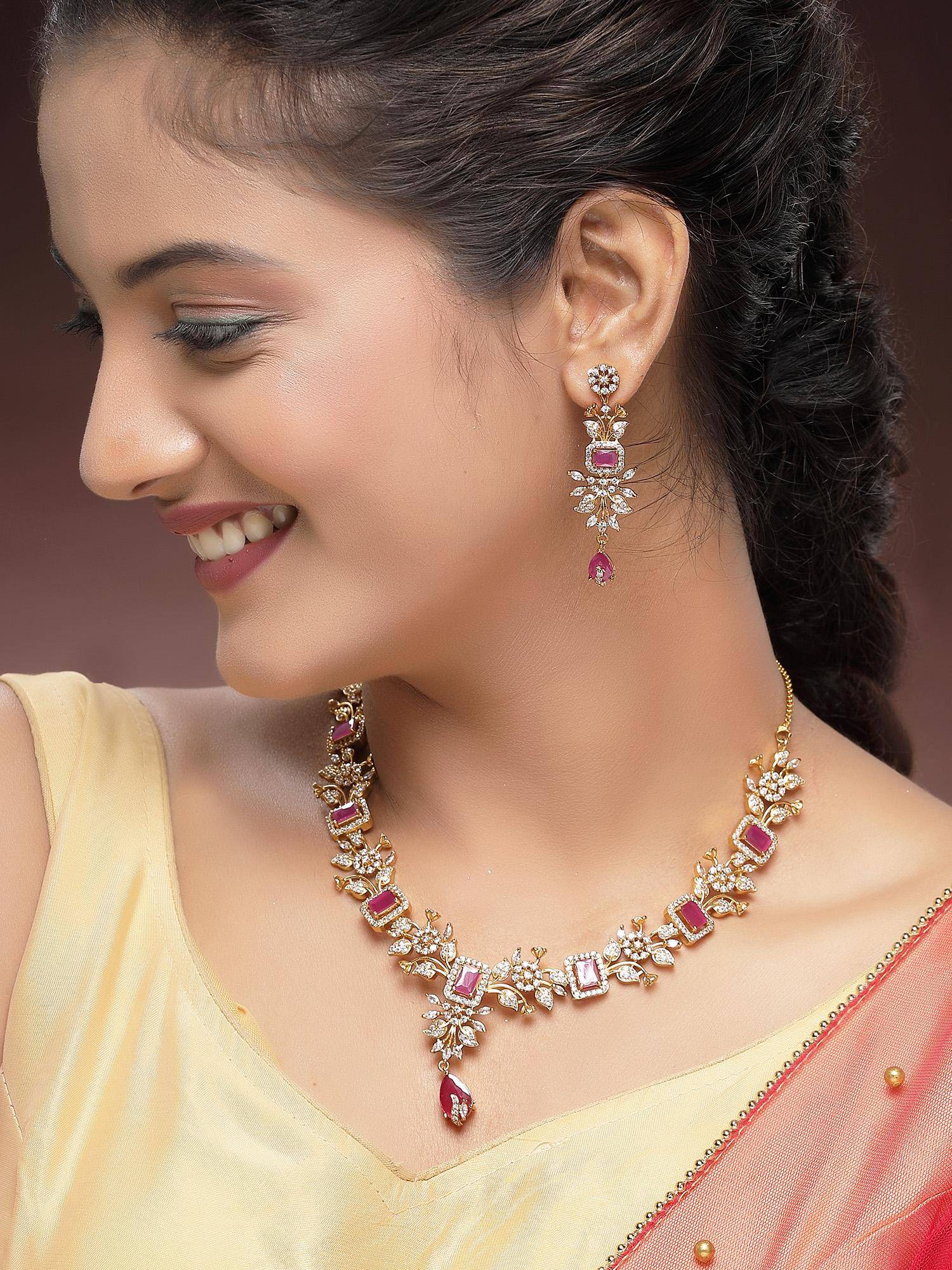 Karatcart Designer Gold-Plated Red American Diamond Floral Necklace With Earrings