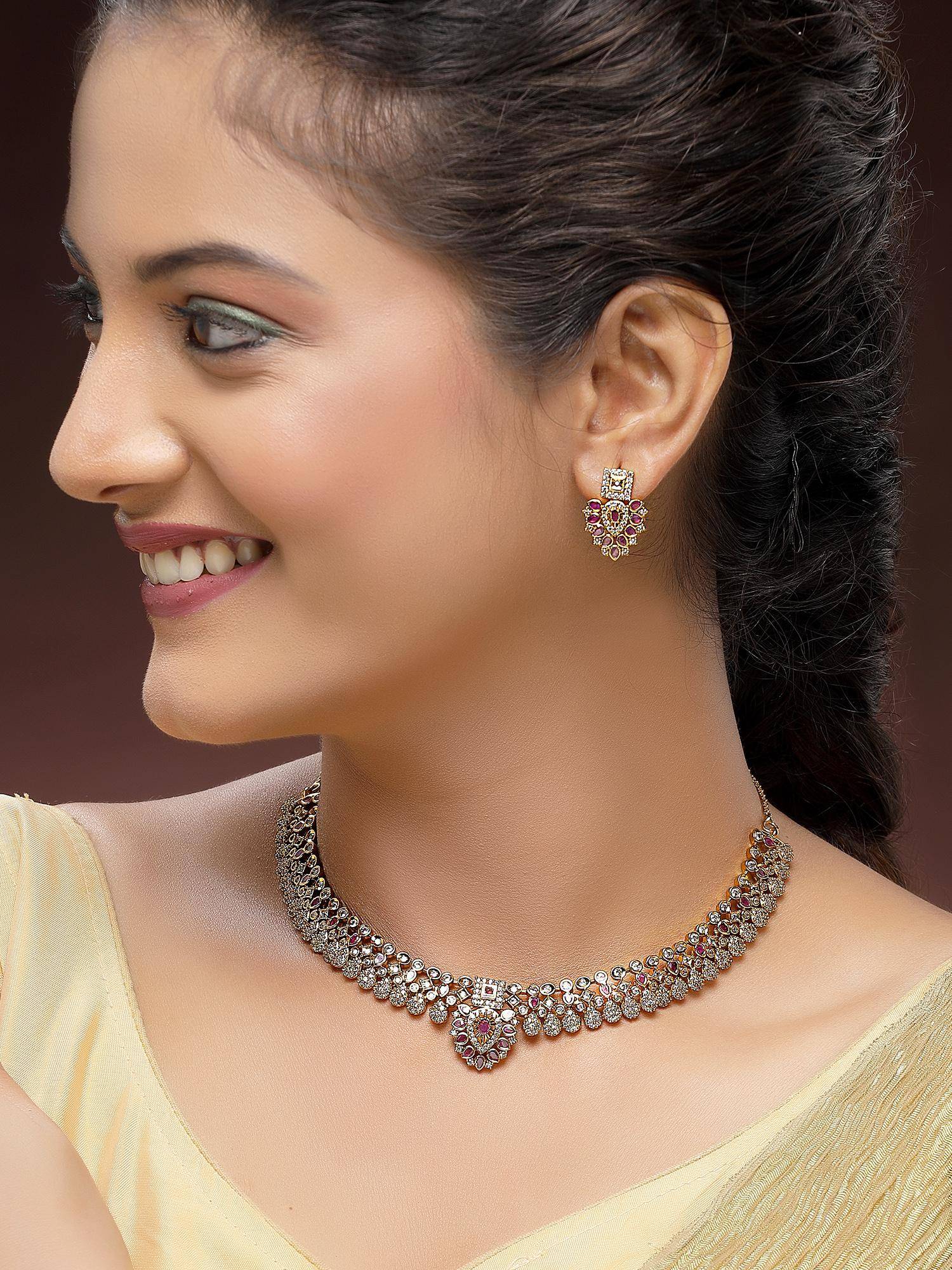 Karatcart Elegant Gold-Plated Teardrop Red American Diamond Necklace With Earrings