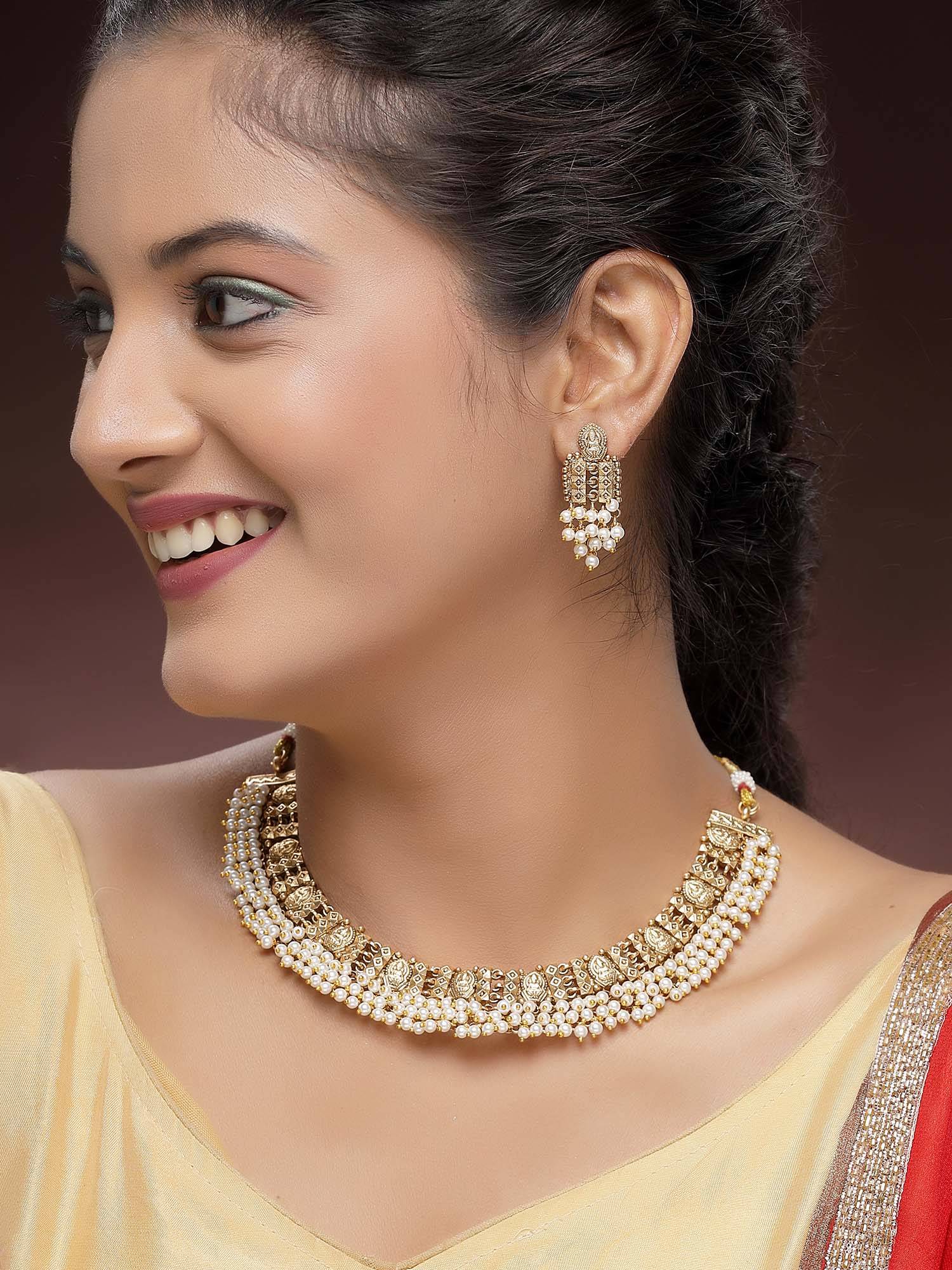 Karatcart Traditional South Indian Gold Plated Pearl Beaded Temple Necklace With Earrings
