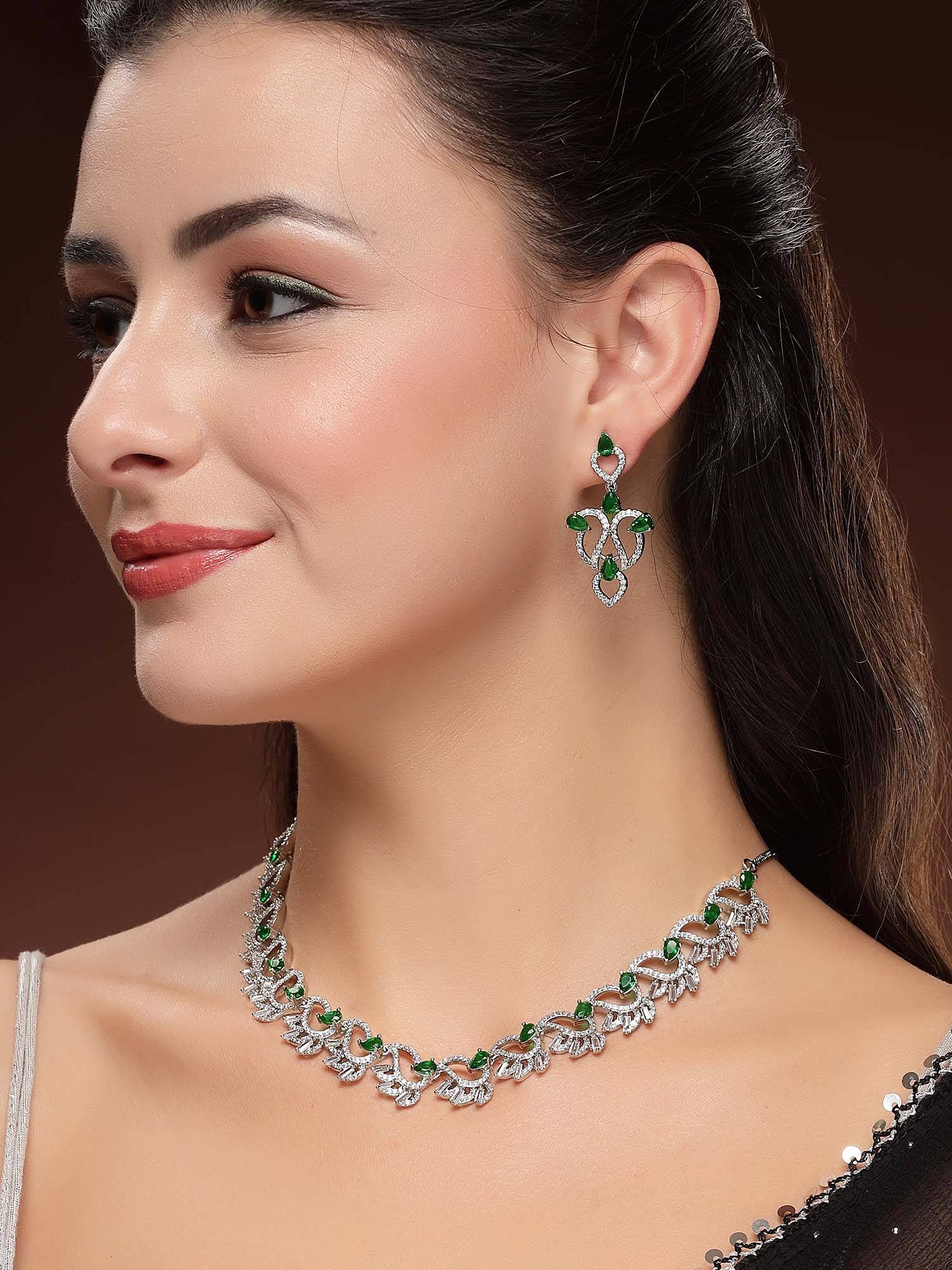 Karatcart Designer Silver-Plated Leaf Motif Green American Diamond Necklace With Earrings