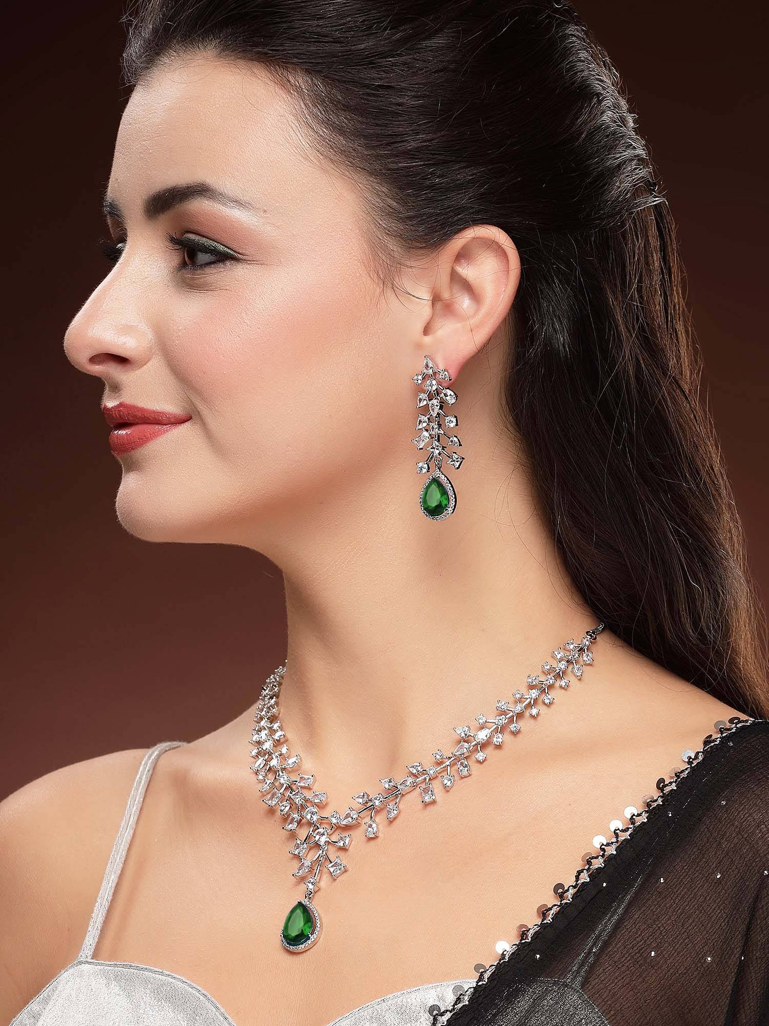 Karatcart Designer Silver-Plated Green Teardrop American Diamond Necklace With Earrings