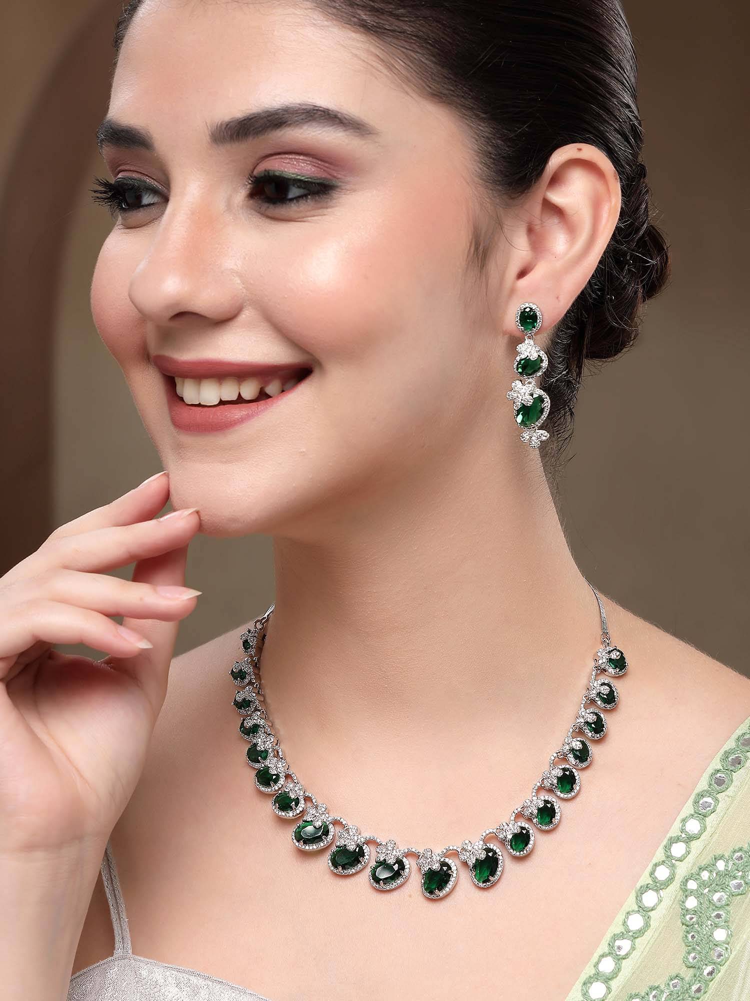 Karatcart Classic Oval Green Floral American Diamond Silver-Plated Necklace With Earrings