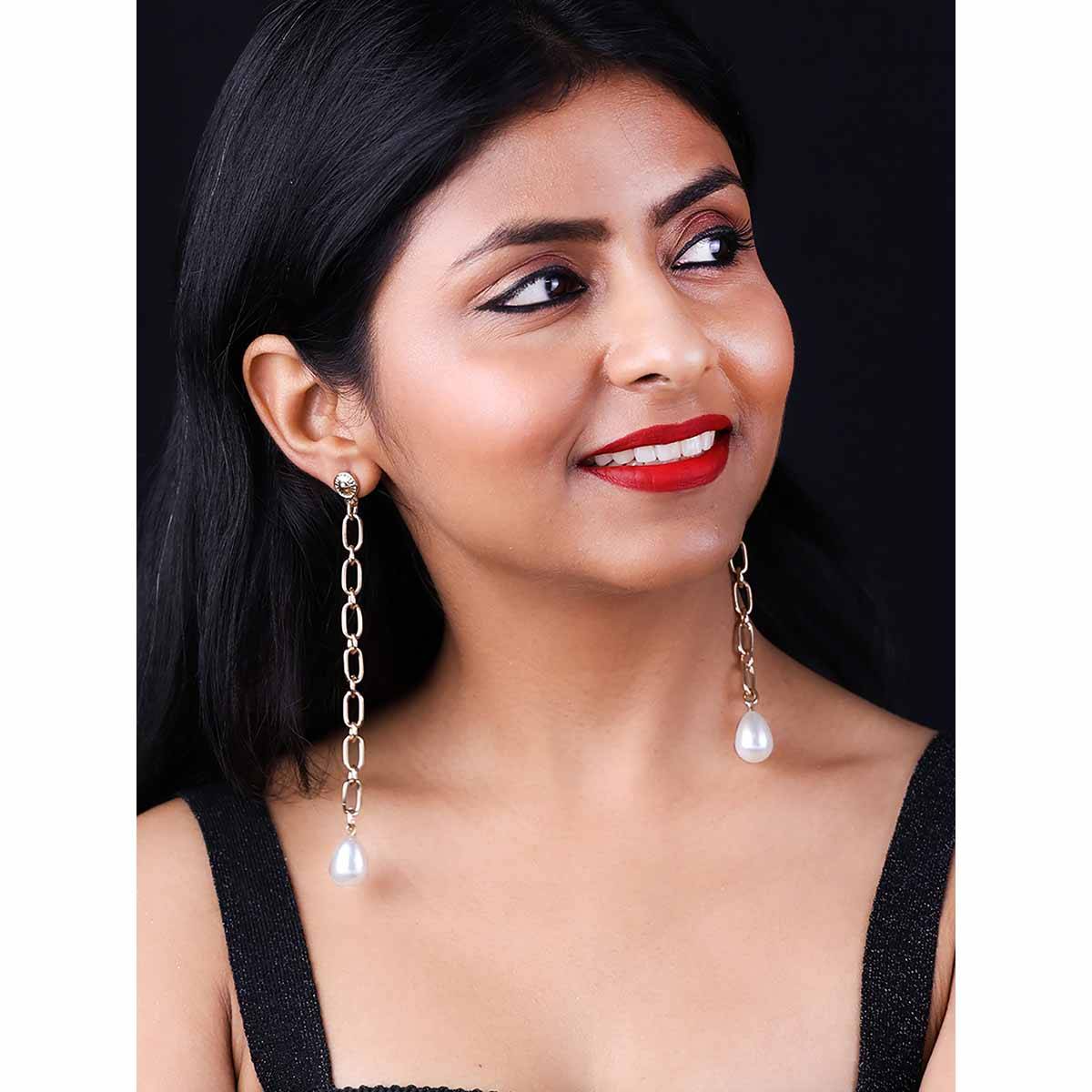 Vogue Panash White Gold-Plated Beaded Contemporary Drop Earrings
