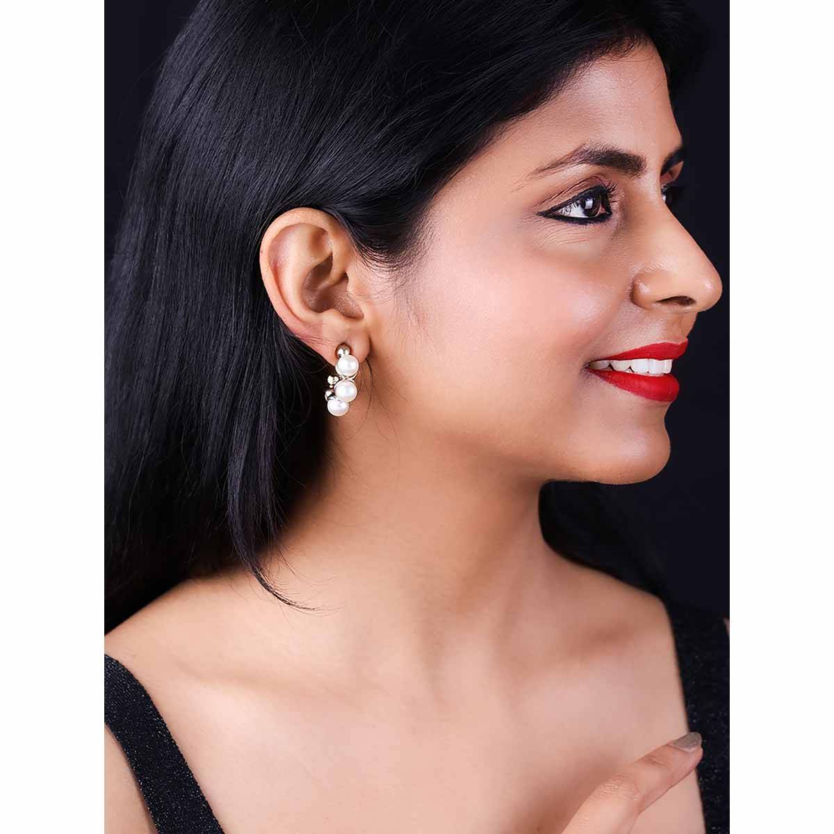 Vogue Panash White Gold-Plated Beaded Half Hoop Earrings