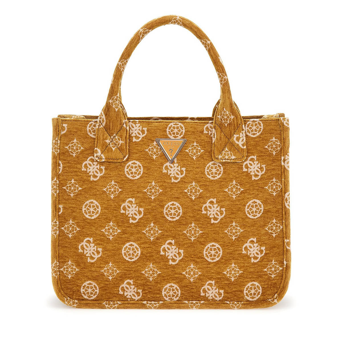 Guess Mustard Monogram Polyurethane Sevye 2 Compartment Tote Bag