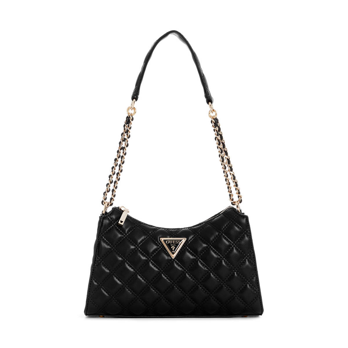 Guess Black Quilted Polyurethane Giully Top Zip Handbag