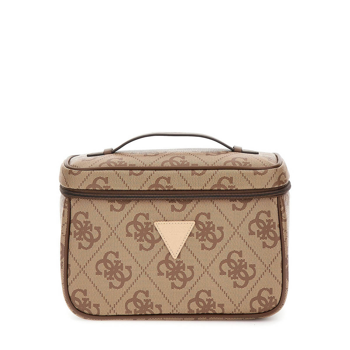 Guess Latte Logo Monogram Polyurethane Berta Toiletry Train Bucket Bag