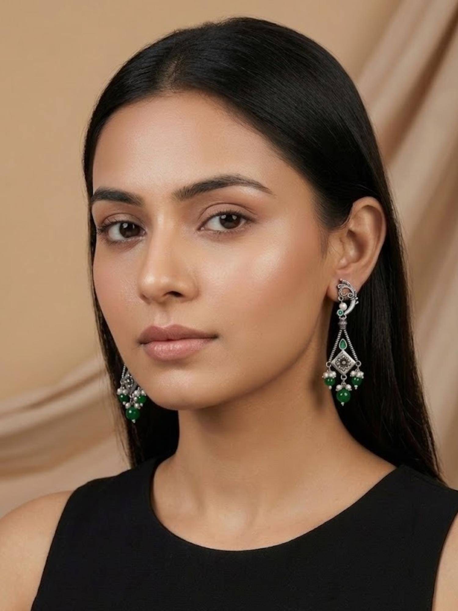 Niscka Silver Oxidized Earrings with Green and Pearl Beads
