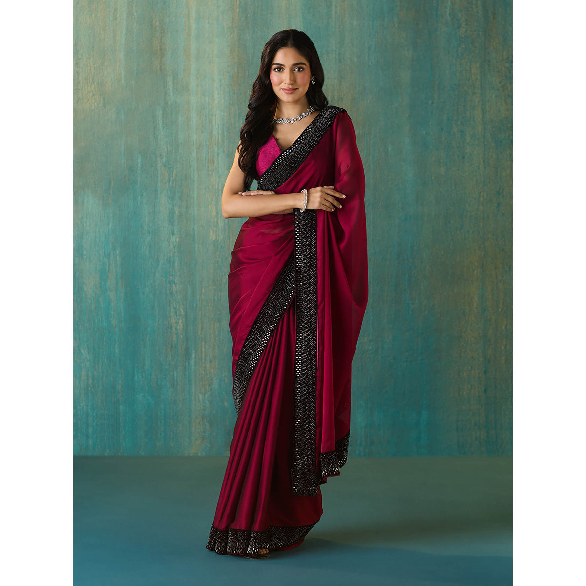 Pre Stitched Georgette Brasso Saree in Maroon | Saree, Brasso, Utsav fashion