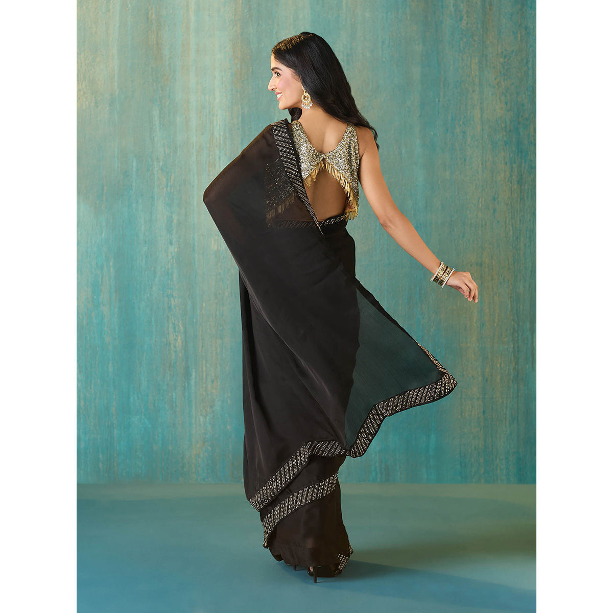 Buy Black Saree- Silk Satin Blouse- Velvet V Embellished Pre-stitched For  Women by Qbik Online at Aza Fashions.