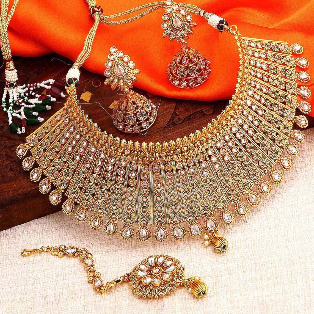 1 Gram Gold Antique Kundan Choker Necklace Set Bridal Jewellery Online  NL24670