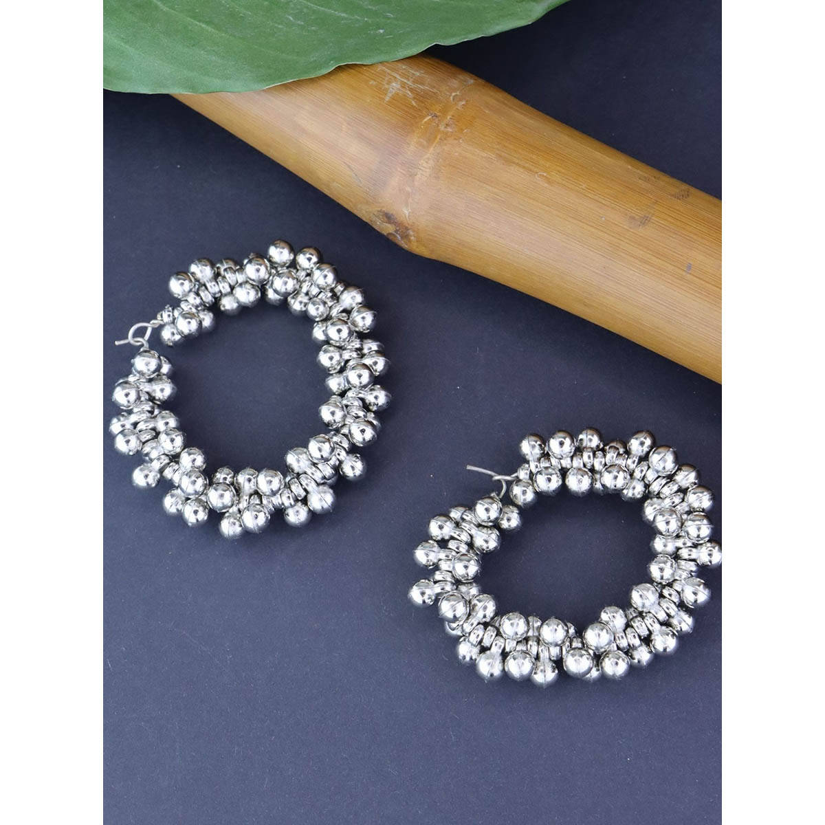 I Jewels Navratri Ethnic Silver Oxidized Ghungroo Style Hoop Earrings
