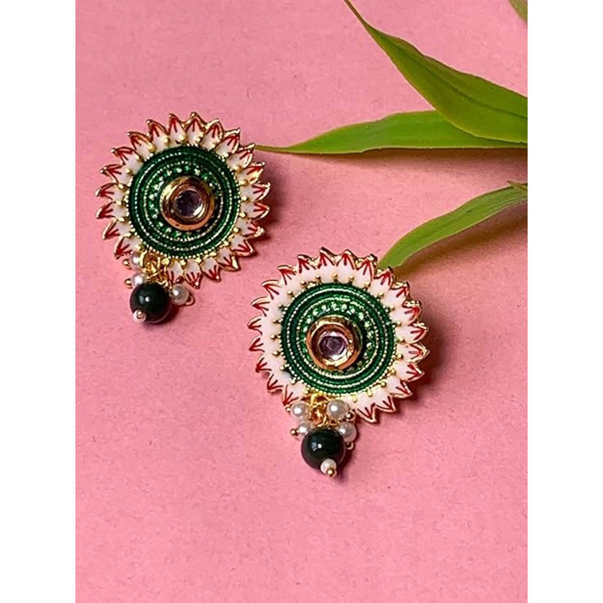 I Jewels Gold Plated Green Meenakari Kundan Pearl Drop Earrings