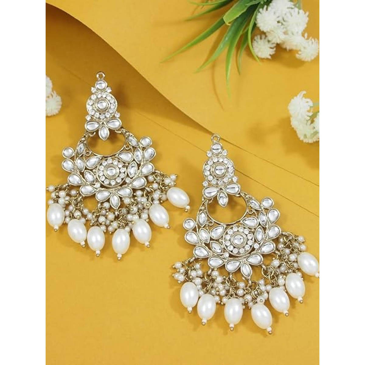 I Jewels Traditional Gold Plated White Kundan Pearl Chandbali Earrings