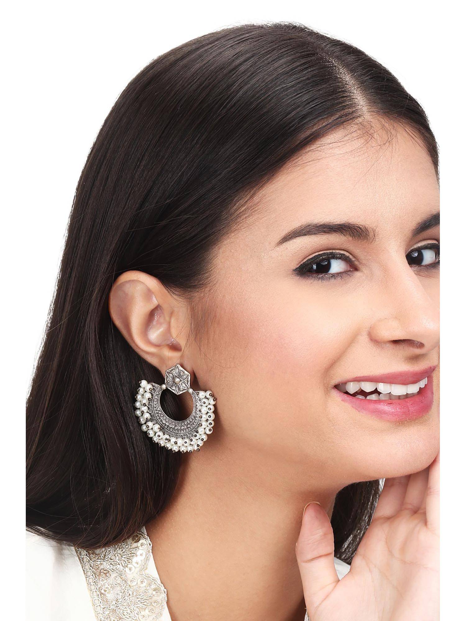 Anvik Silver Oxidised Finish Chandbali With Beaded Edge