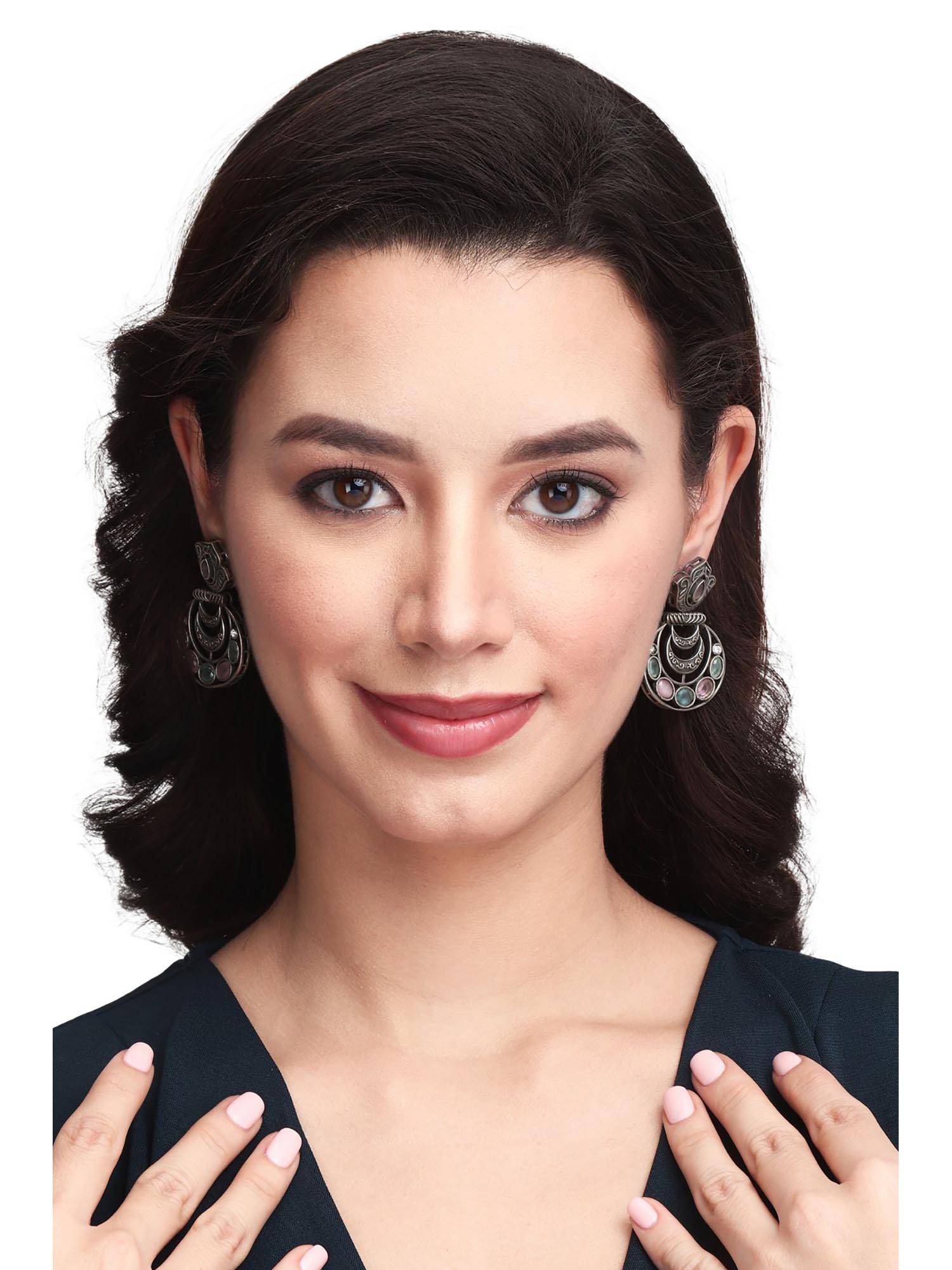 Anvik Silver Oxidised Finish Multi Colored Stone Drop Earring