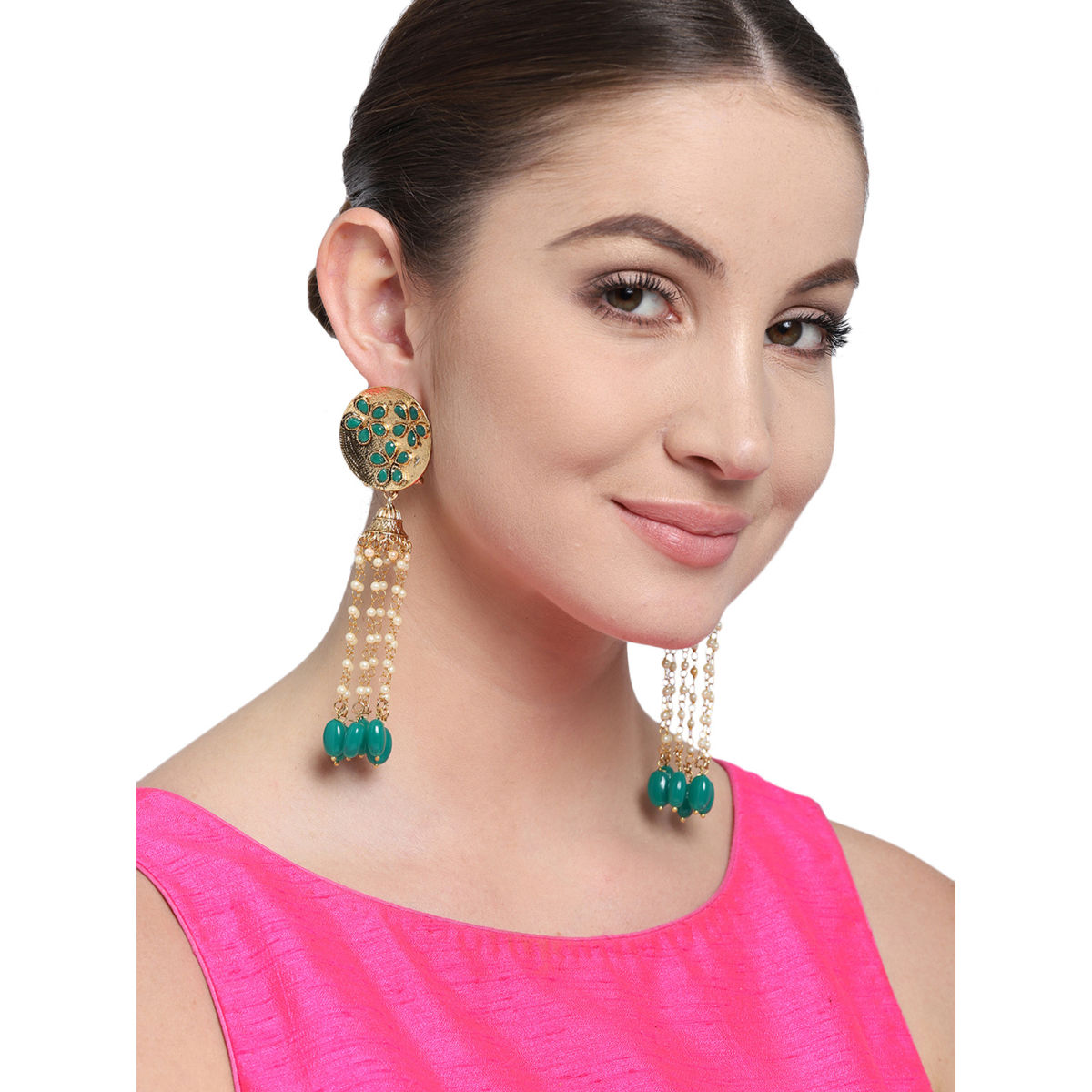Buy Zaveri Pearls Green Stones Beads Floral Pearls Jhumki Earring buy-zaveri-pearls-green-stones-beads-floral-pearls-jhumki-earring