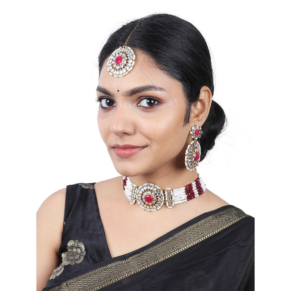 Buy Estele Gold-Plated Captivating Gehena Necklace Set & Maang Tikka with  Red Beads for Women Online