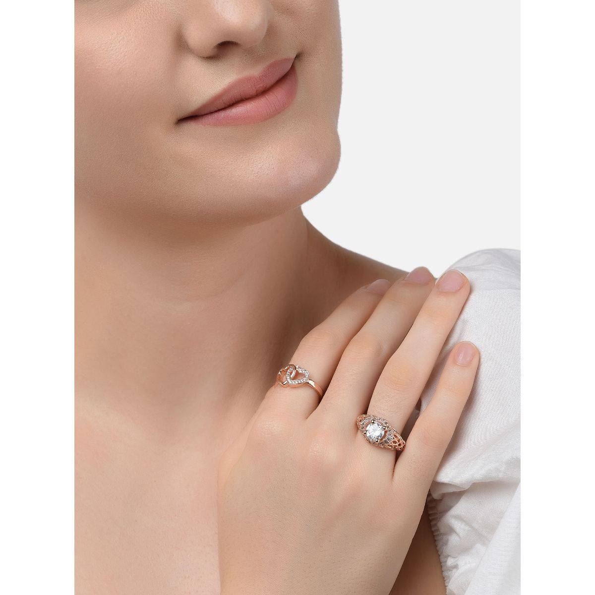 Zaveri Pearls Set of 2 Rose Gold Cubic Zirconia Heart Melting Brass Rings-ZPFK11189