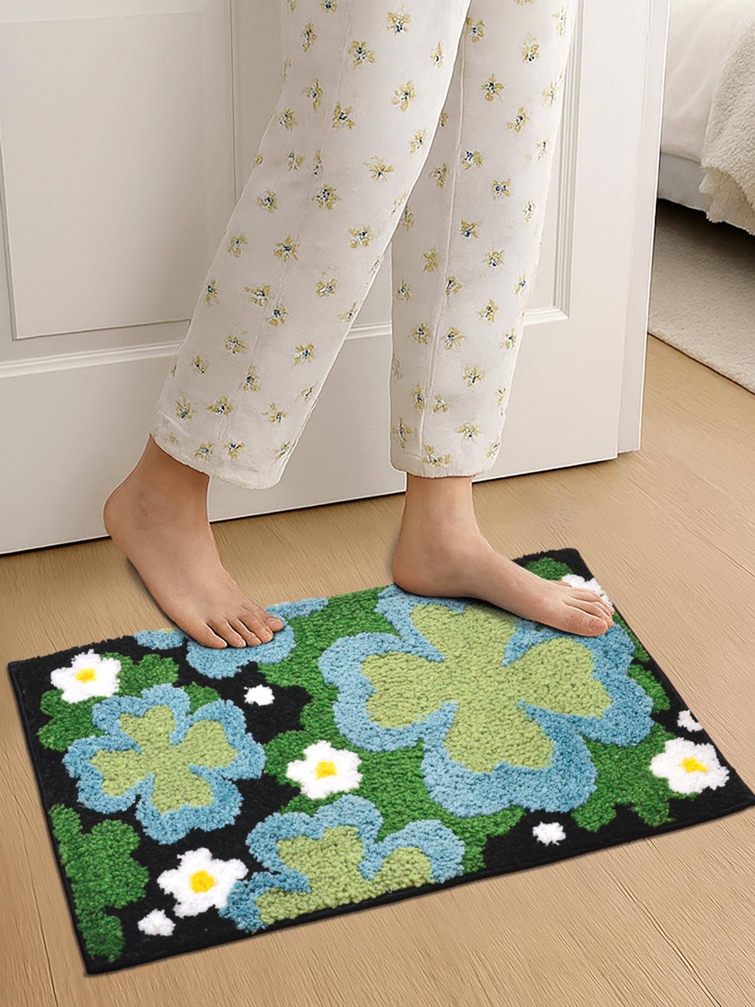 FABINALIV Multi-Color Floral Cotton Blend Anti Skid Door Mat