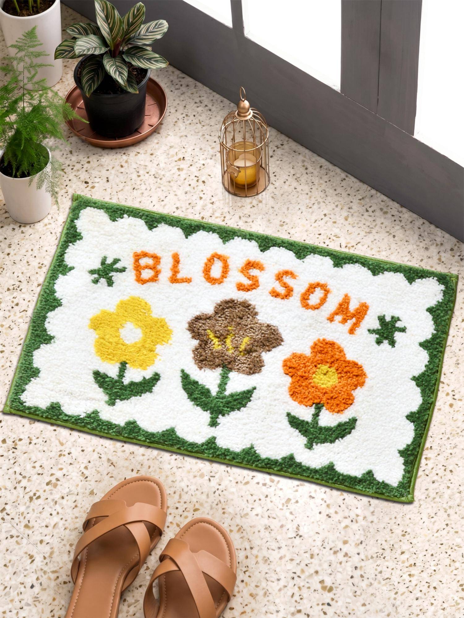 FABINALIV White Floral Cotton Blend Anti Skid Door Mat