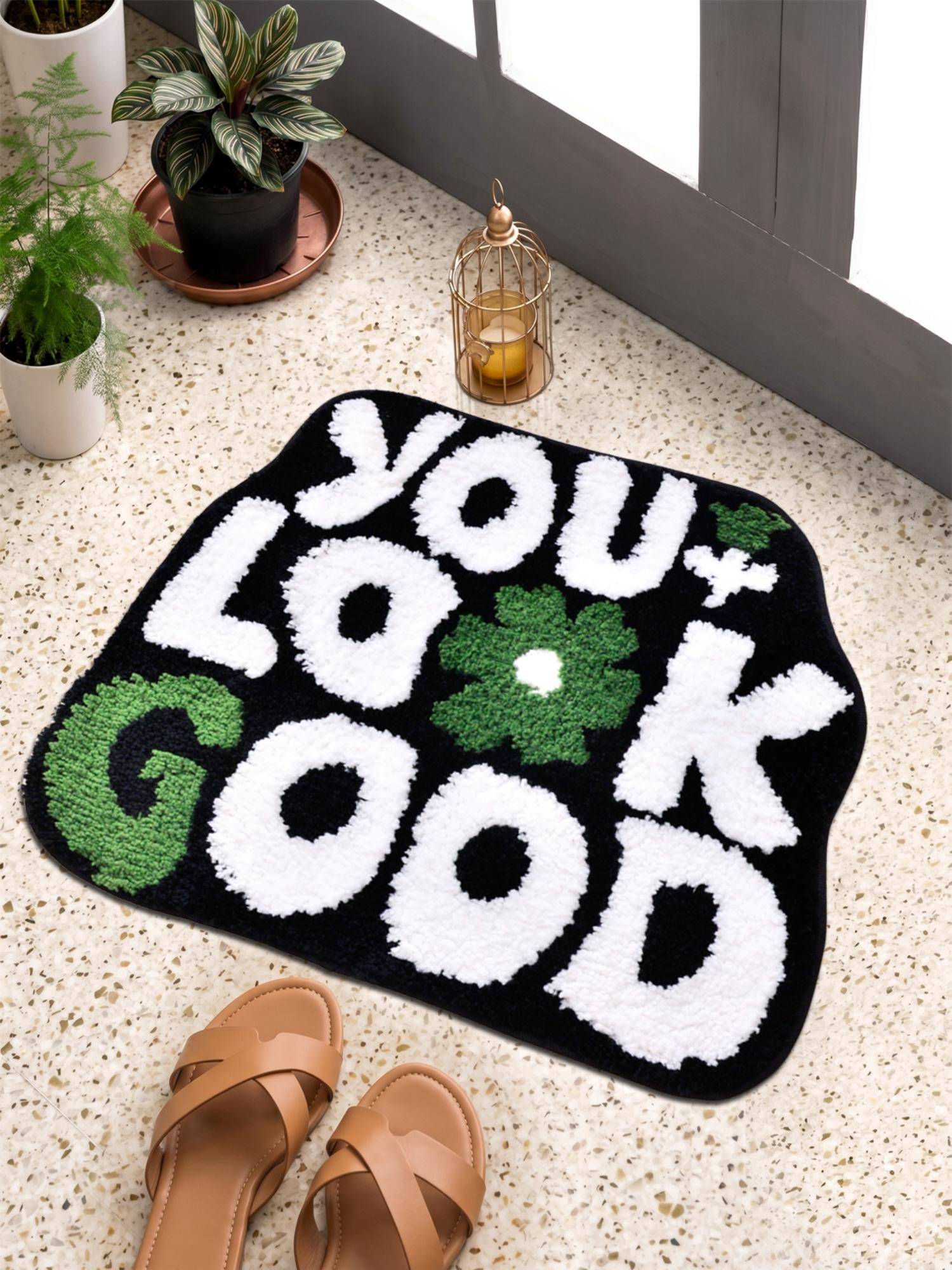 FABINALIV Black Abstract Cotton Blend Anti Skid Door Mat