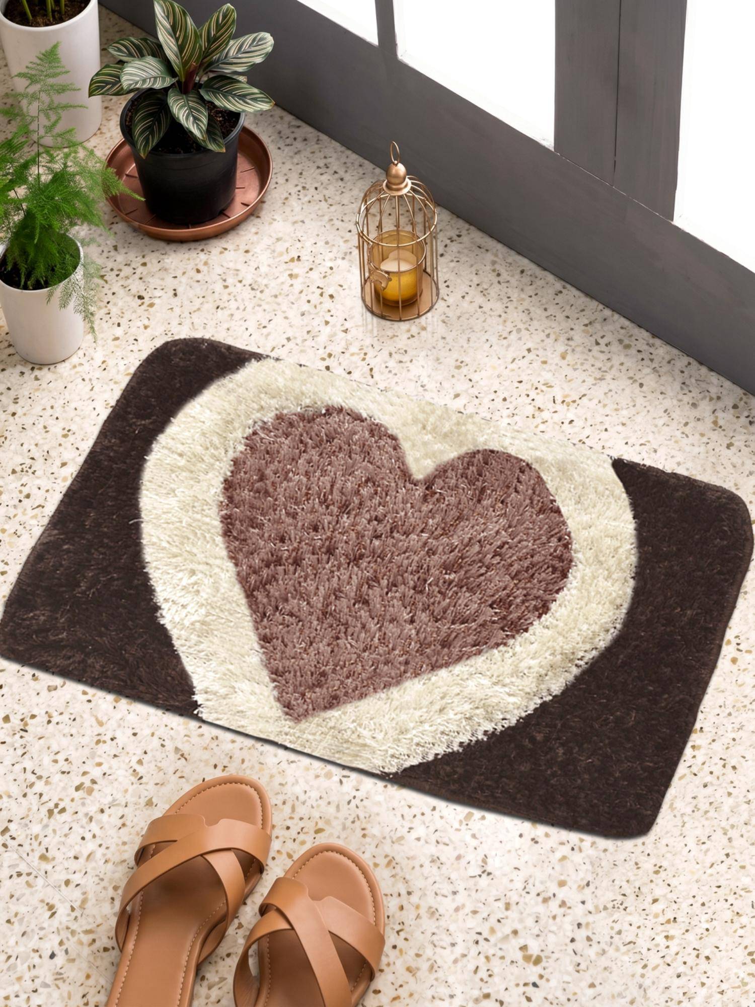 FABINALIV Brown Geometric Cotton Blend Anti Skid Door Mat