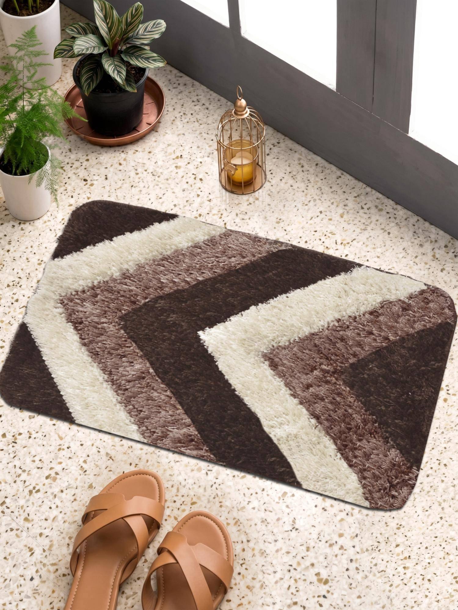 FABINALIV Brown Geometric Cotton Blend Anti Skid Door Mat