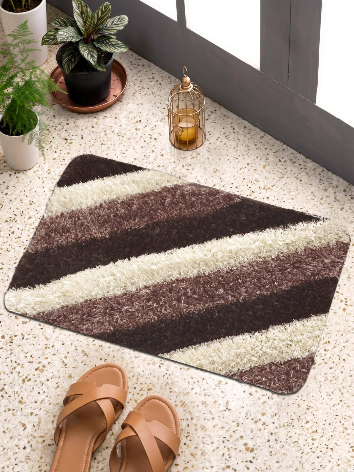 FABINALIV Brown Geometric Cotton Blend Anti Skid Door Mat