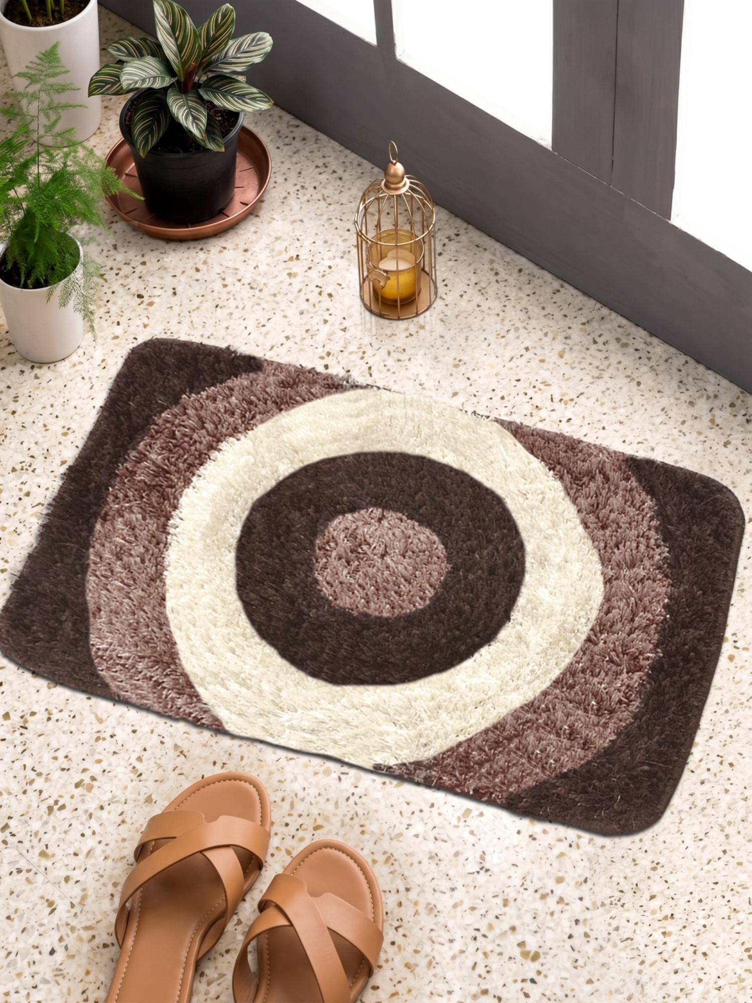 FABINALIV Brown Geometric Cotton Blend Anti Skid Door Mat