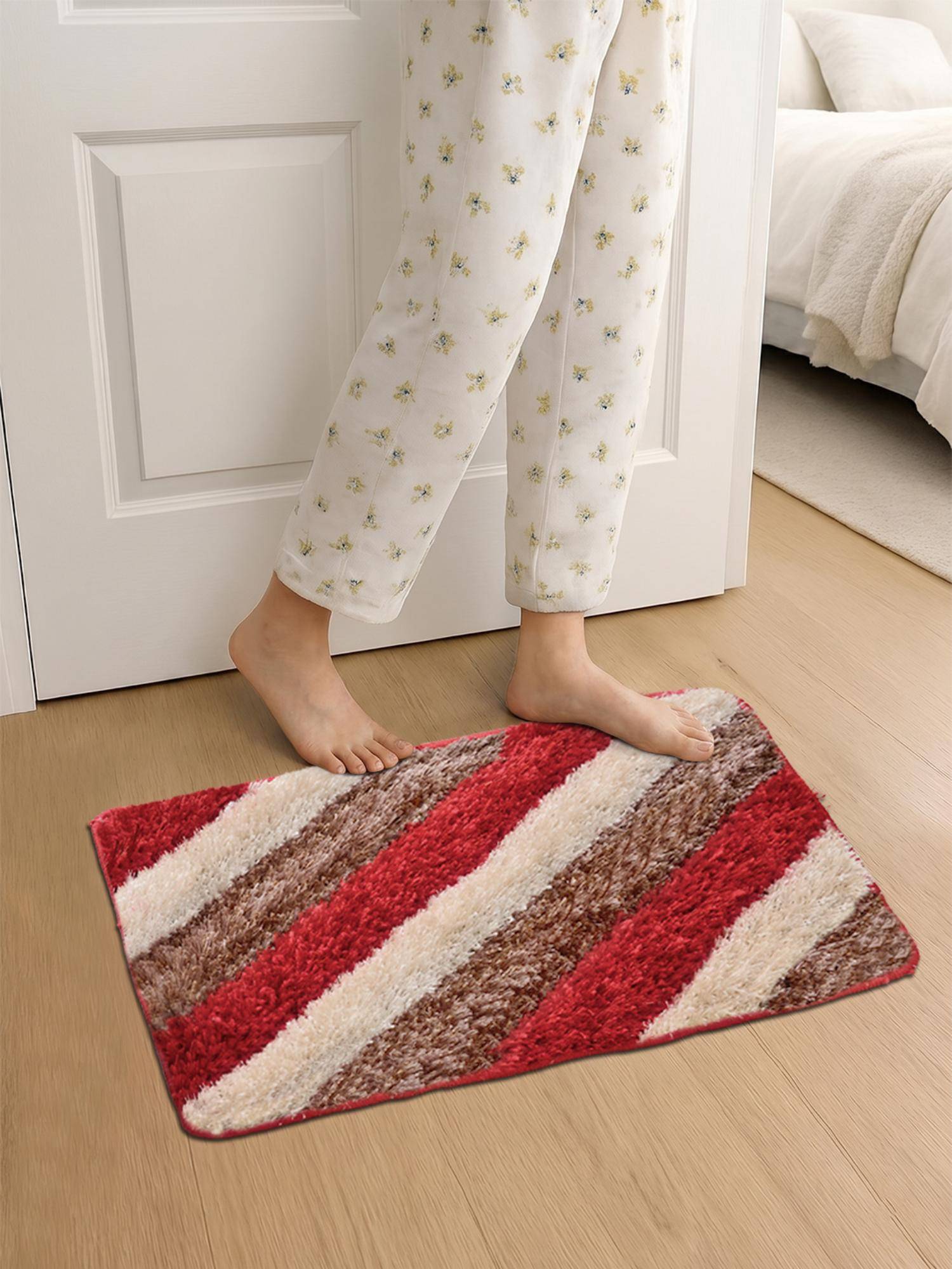 FABINALIV Red Striped Cotton Blend Anti Skid Door Mat